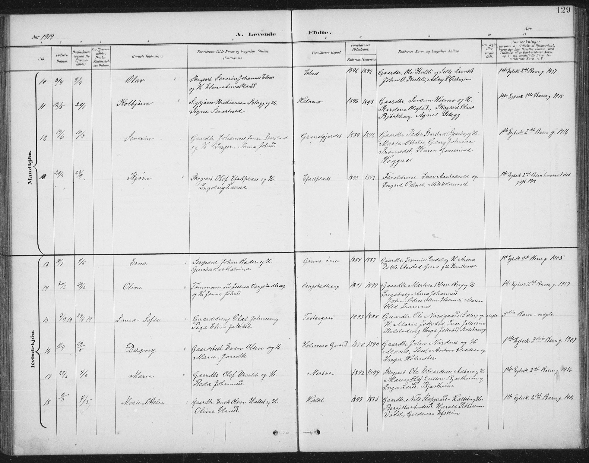 Ministerialprotokoller, klokkerbøker og fødselsregistre - Nord-Trøndelag, SAT/A-1458/724/L0269: Klokkerbok nr. 724C05, 1899-1920, s. 129