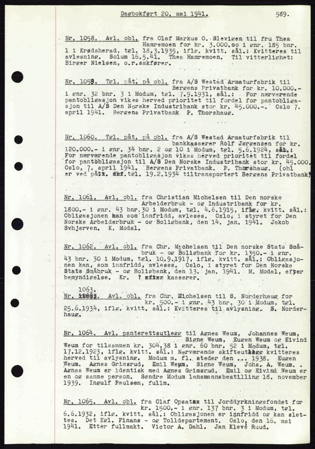 Eiker, Modum og Sigdal sorenskriveri, SAKO/A-123/G/Ga/Gab/L0043: Pantebok nr. A13, 1940-1941, Dagboknr: 1058/1941