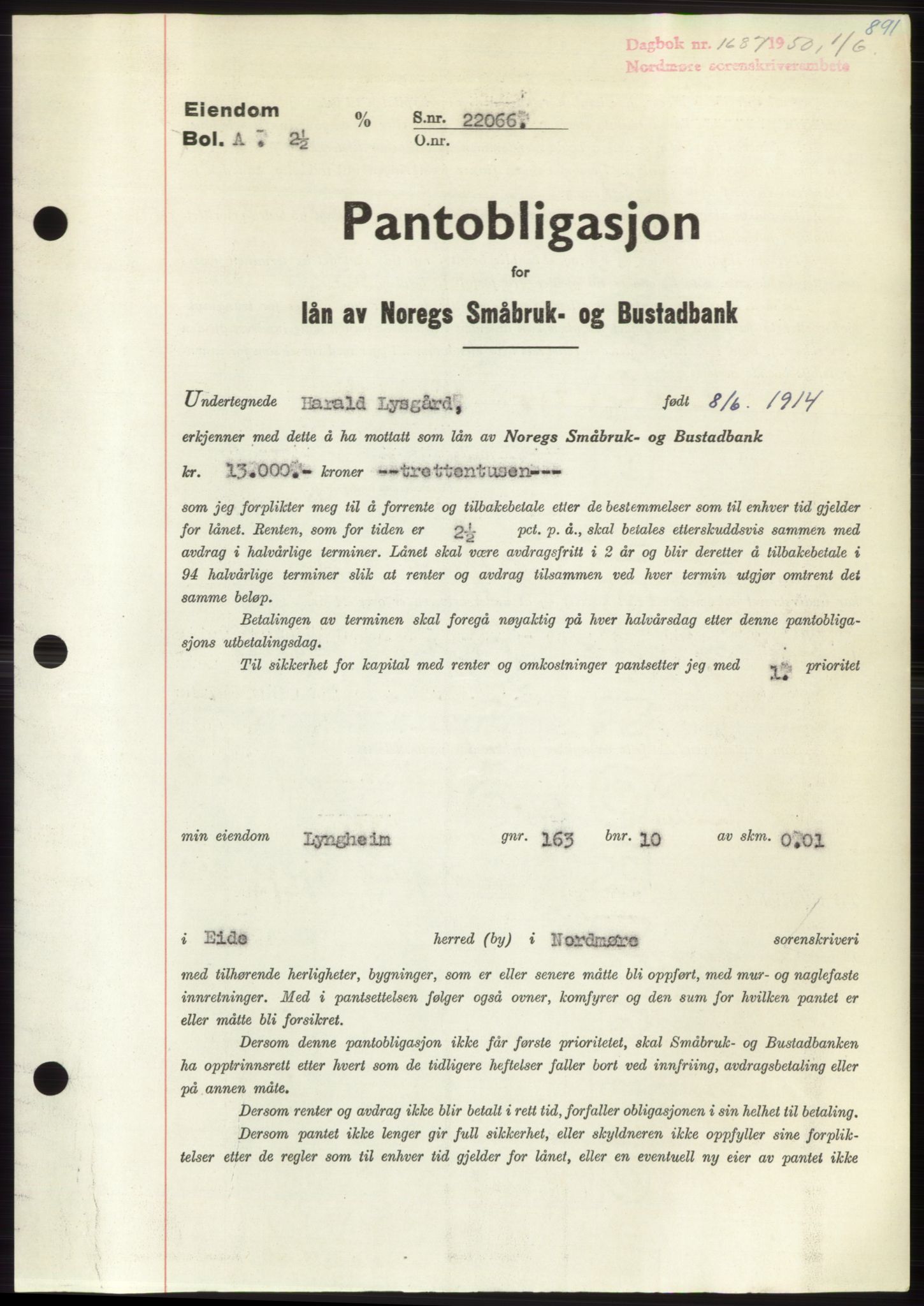 Nordmøre sorenskriveri, AV/SAT-A-4132/1/2/2Ca: Pantebok nr. B104, 1950-1950, Dagboknr: 1687/1950