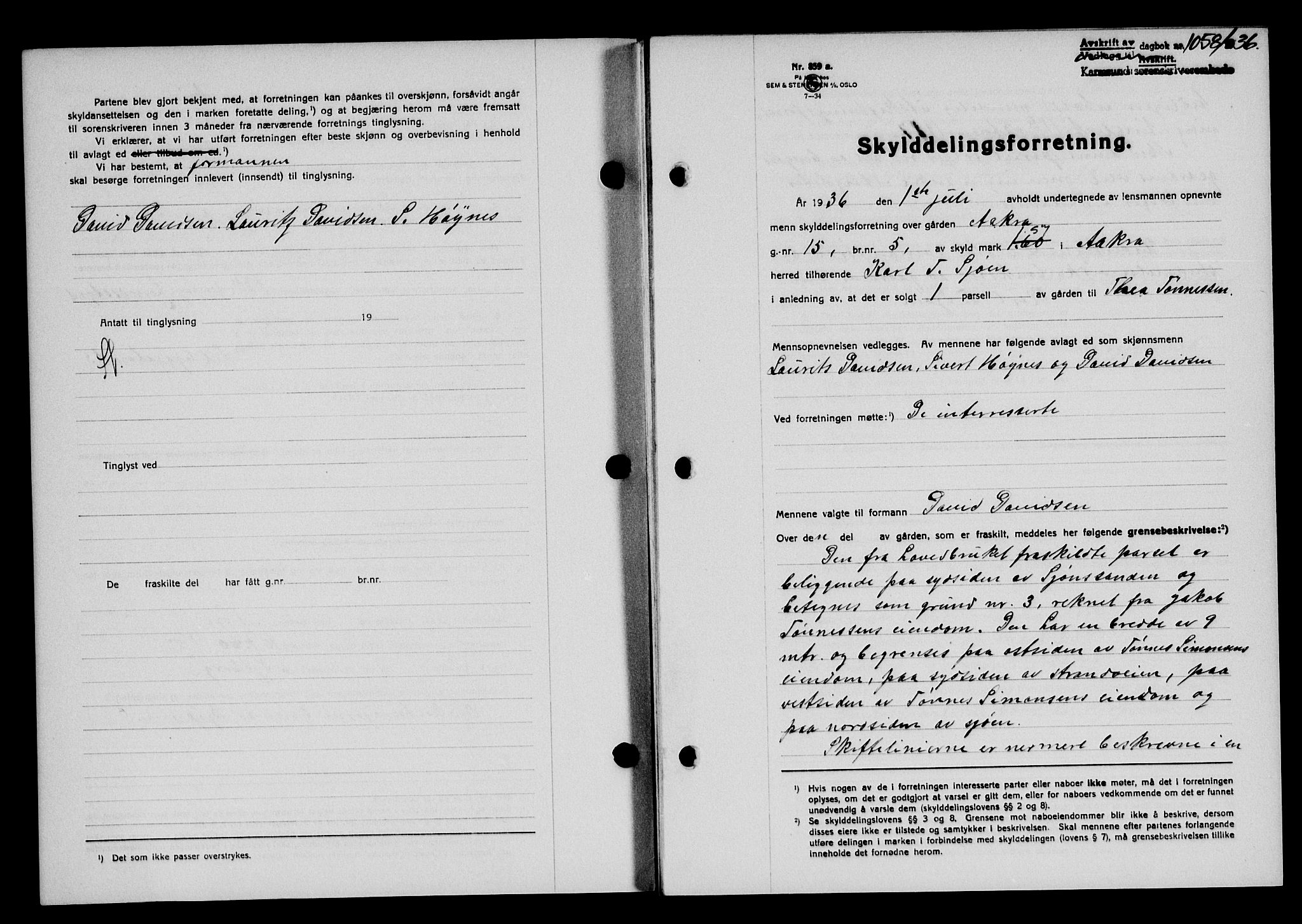 Karmsund sorenskriveri, SAST/A-100311/01/II/IIB/L0066: Pantebok nr. 47A, 1936-1936, Dagboknr: 1058/1936