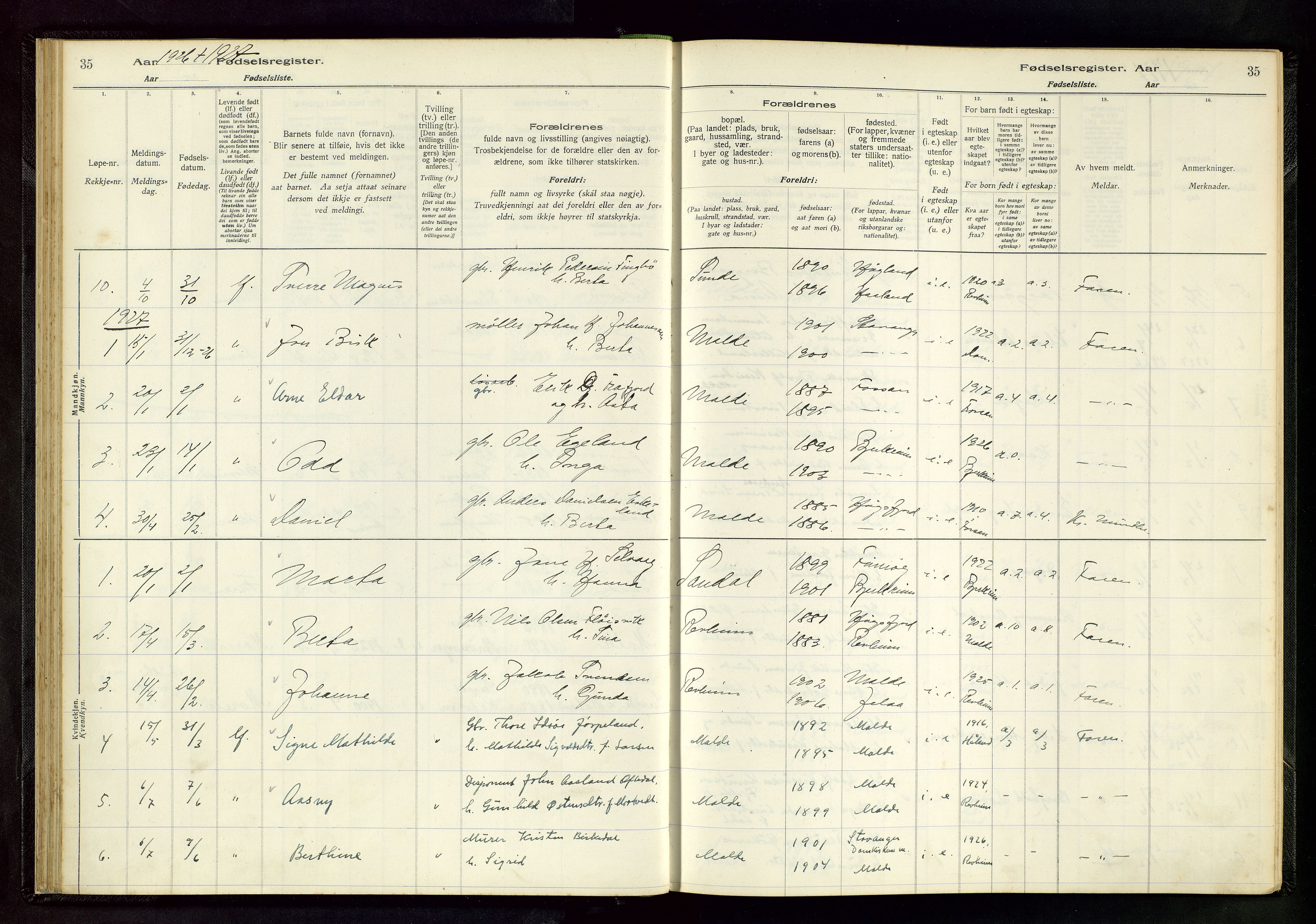 Håland sokneprestkontor, AV/SAST-A-101802/002/A/L0005: Fødselsregister nr. 5, 1916-1957, s. 35