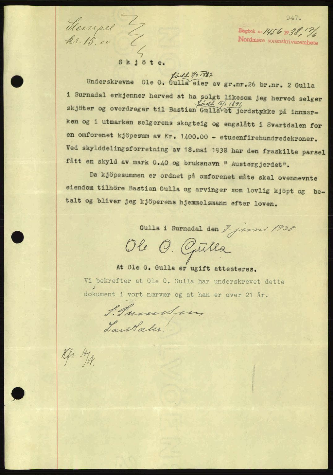 Nordmøre sorenskriveri, SAT/A-4132/1/2/2Ca: Pantebok nr. A83, 1938-1938, Dagboknr: 1456/1938