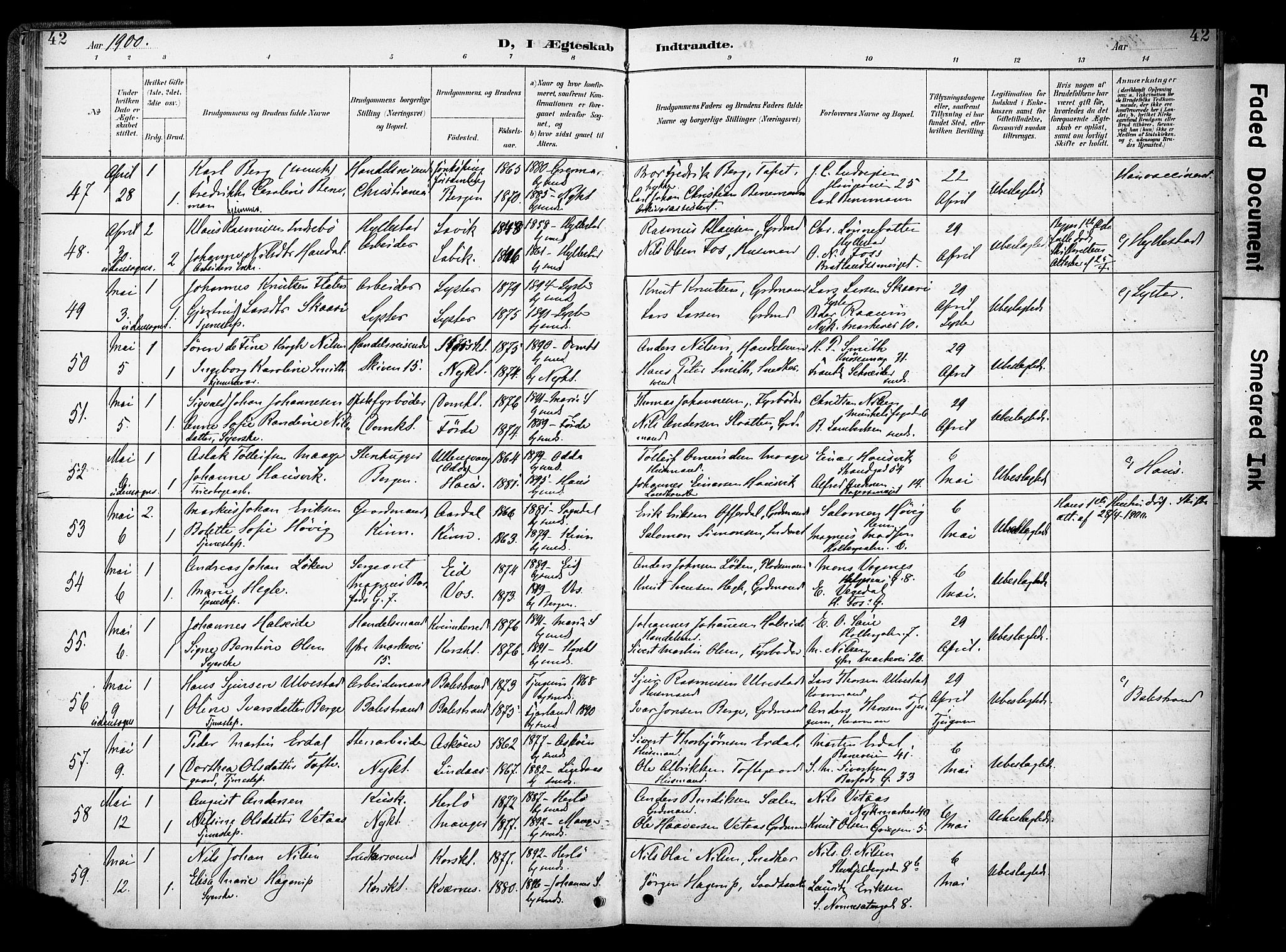 Nykirken Sokneprestembete, AV/SAB-A-77101/H/Haa/L0034: Ministerialbok nr. D 4, 1896-1905, s. 42