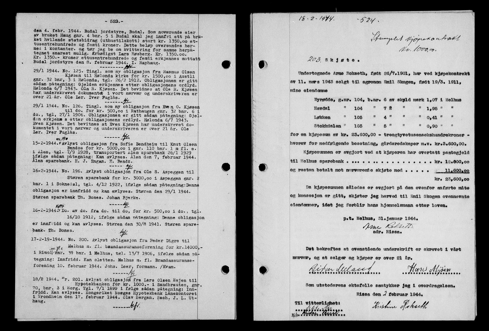 Gauldal sorenskriveri, SAT/A-0014/1/2/2C/L0057: Pantebok nr. 62, 1943-1944, Dagboknr: 203/1944