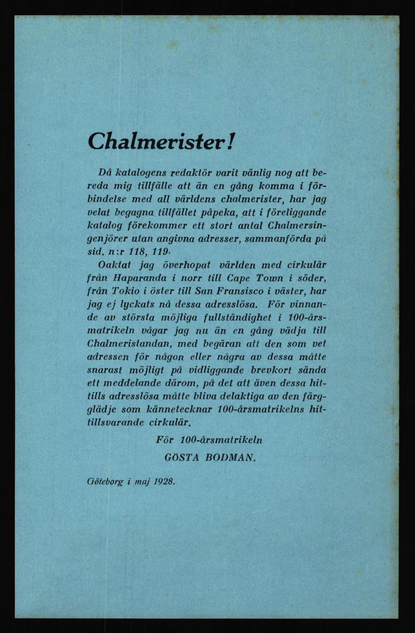 Knudsen, Gunnar, RA/PA-0626/G/L0035/0012: -- / Chalmerska Tekniska Institut, Chalmerska Ingeniørsforeningen. Jubileumsforedrag m.m., 1869-1928