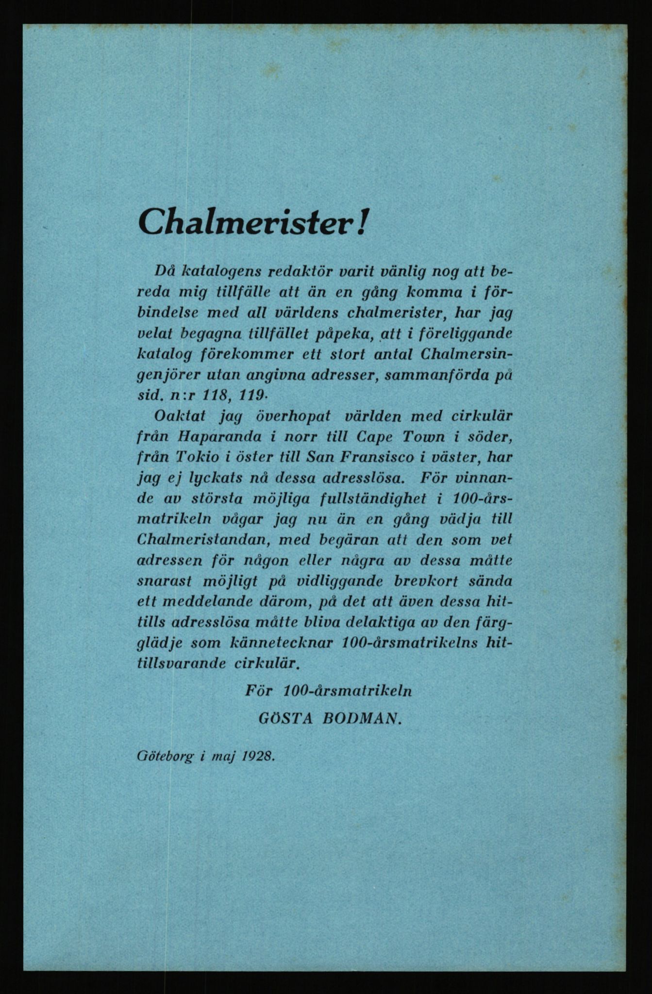 Knudsen, Gunnar, AV/RA-PA-0626/G/L0035/0012: -- / Chalmerska Tekniska Institut, Chalmerska Ingeniørsforeningen. Jubileumsforedrag m.m., 1869-1928