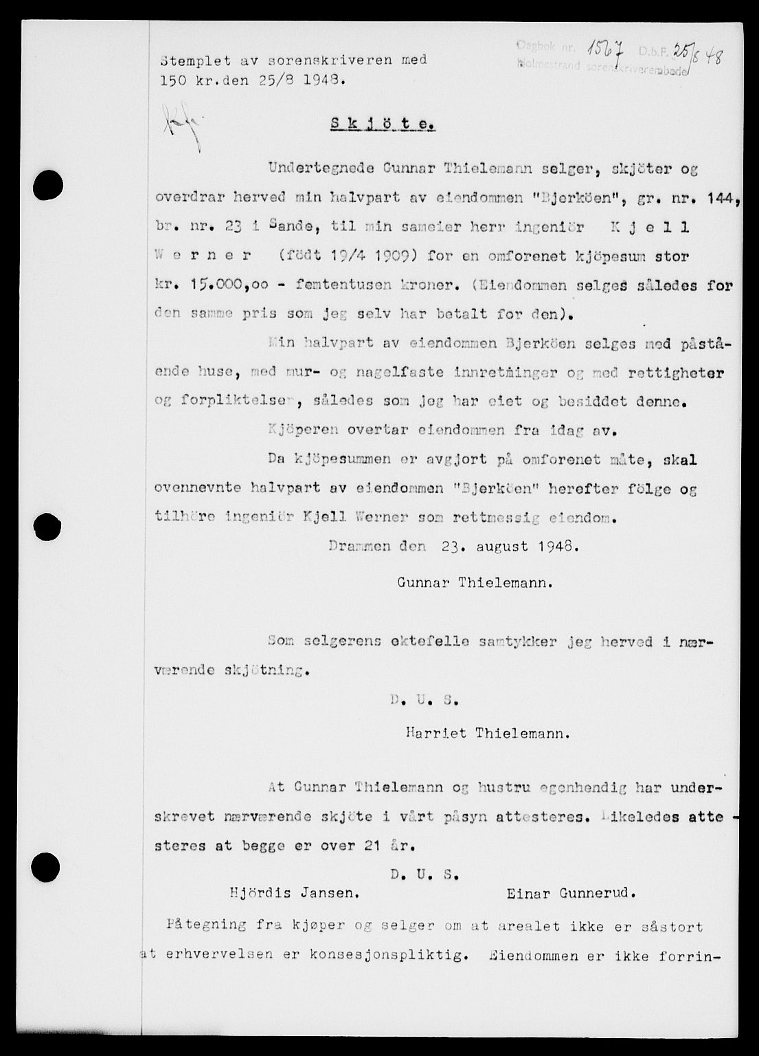 Holmestrand sorenskriveri, SAKO/A-67/G/Ga/Gaa/L0064: Pantebok nr. A-64, 1948-1948, Dagboknr: 1567/1948