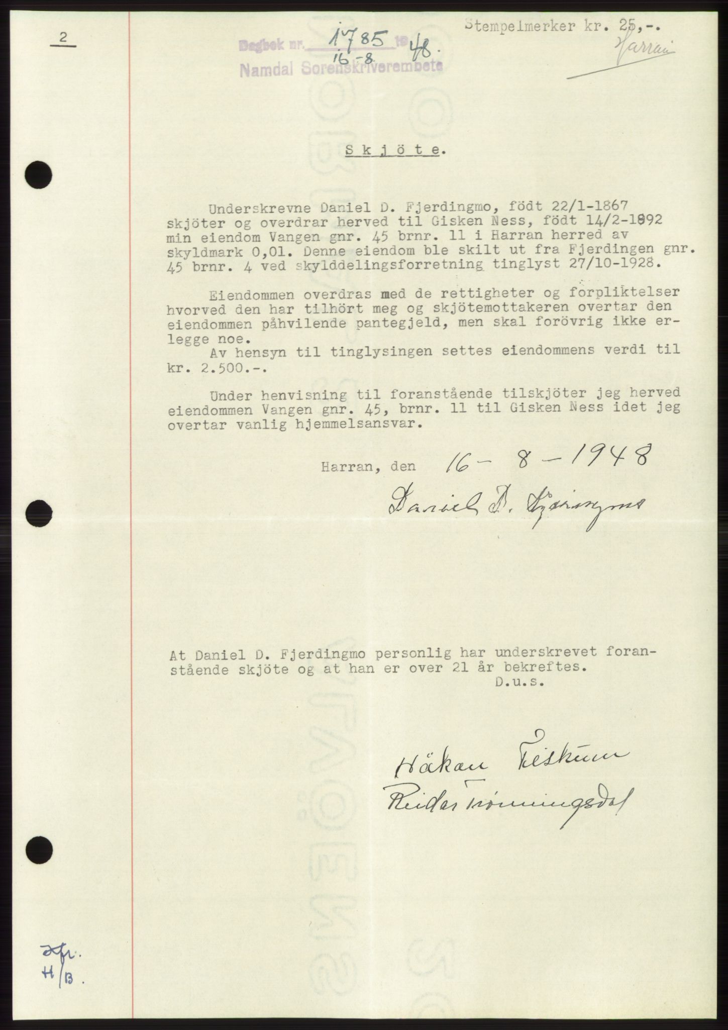 Namdal sorenskriveri, SAT/A-4133/1/2/2C: Pantebok nr. -, 1948-1948, Dagboknr: 1785/1948