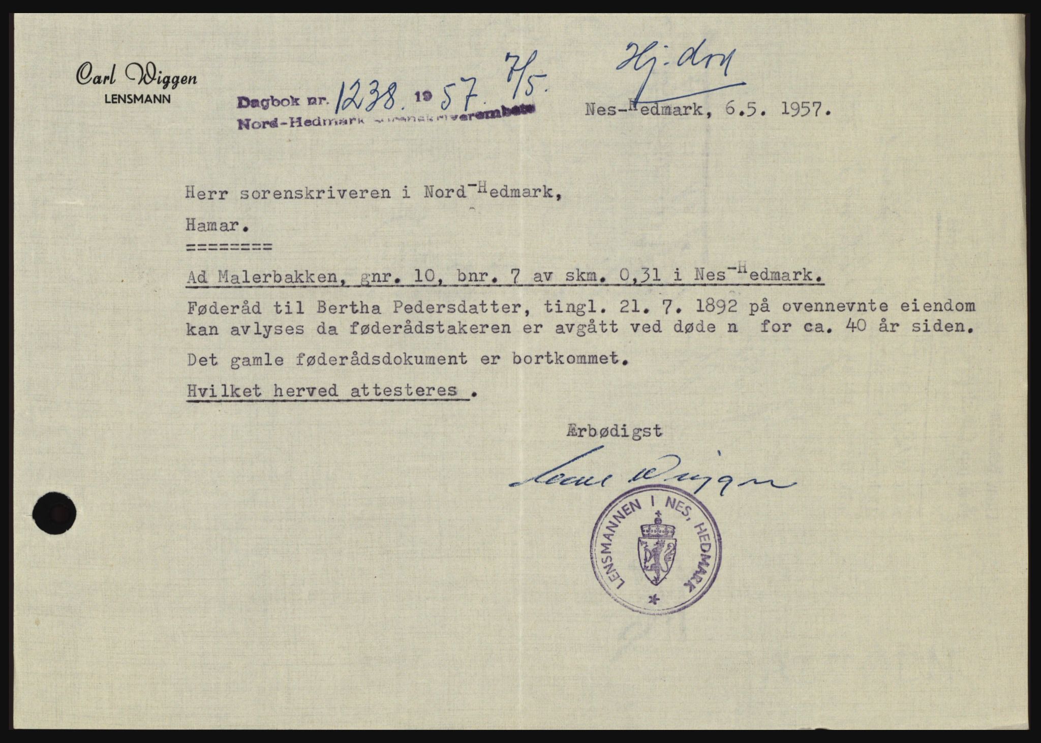 Nord-Hedmark sorenskriveri, SAH/TING-012/H/Hc/L0011: Pantebok nr. 11, 1956-1957, Dagboknr: 1238/1957