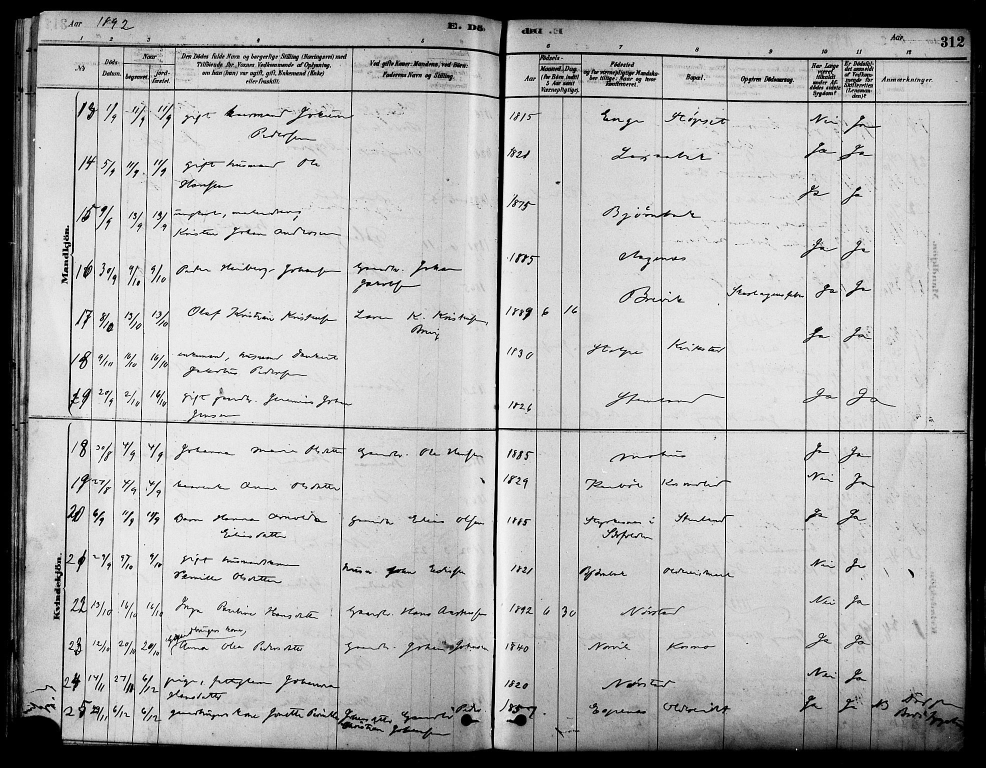 Ministerialprotokoller, klokkerbøker og fødselsregistre - Nordland, SAT/A-1459/852/L0740: Ministerialbok nr. 852A10, 1878-1894, s. 312