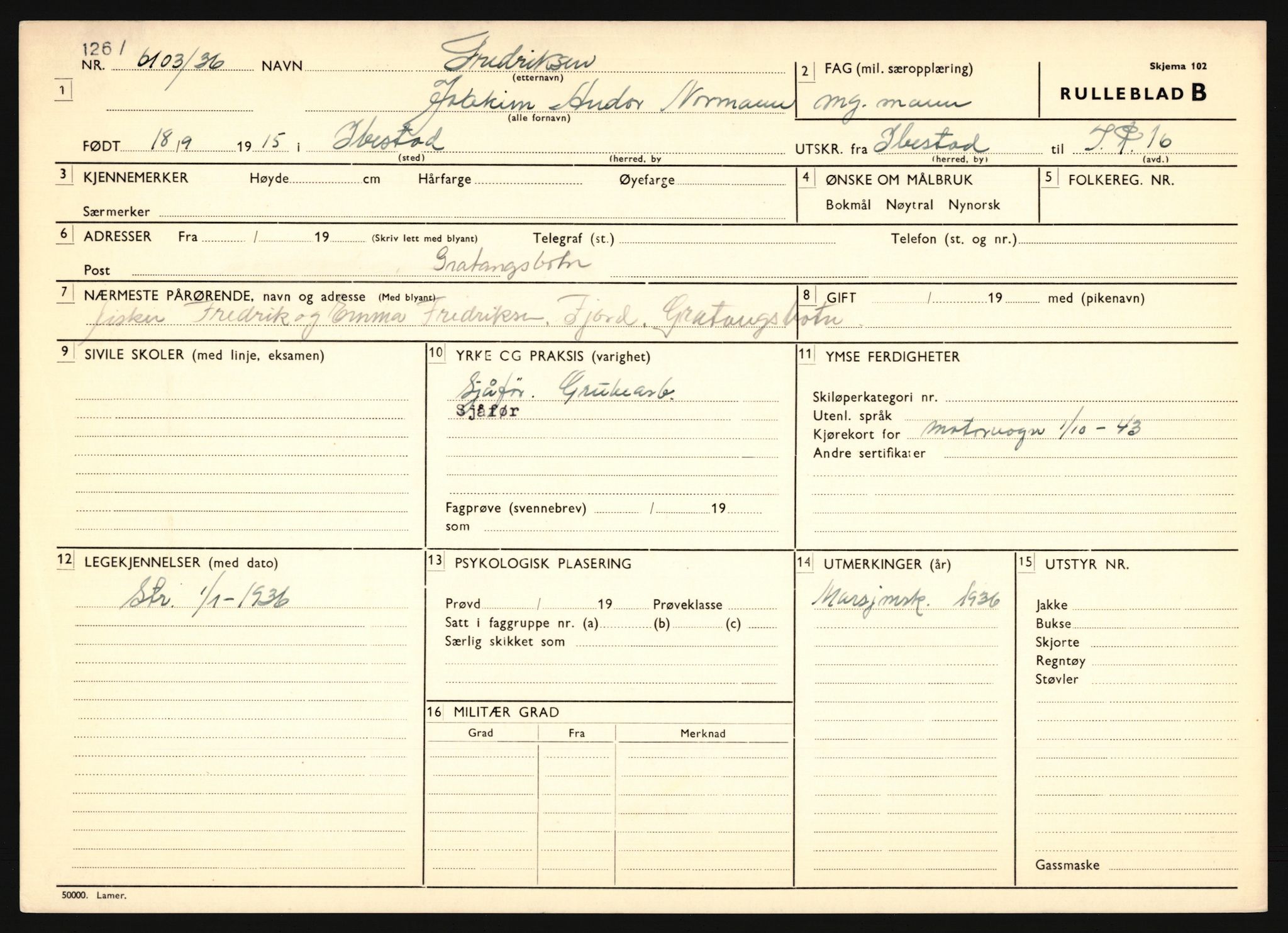 Forsvaret, Troms infanteriregiment nr. 16, AV/RA-RAFA-3146/P/Pa/L0020: Rulleblad for regimentets menige mannskaper, årsklasse 1936, 1936, s. 261