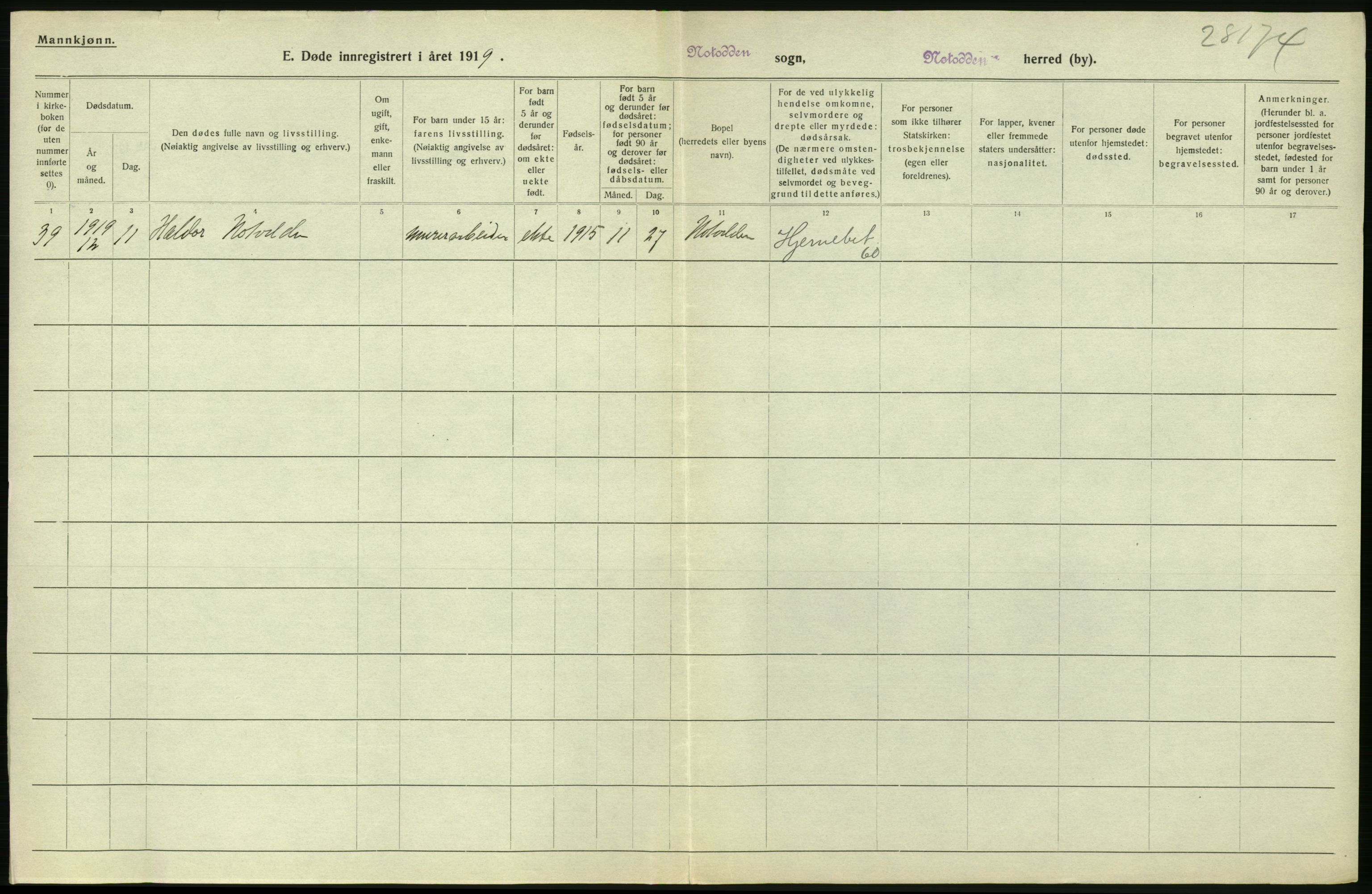 Statistisk sentralbyrå, Sosiodemografiske emner, Befolkning, RA/S-2228/D/Df/Dfb/Dfbi/L0023: Telemark fylke: Døde. Bygder og byer., 1919, s. 420