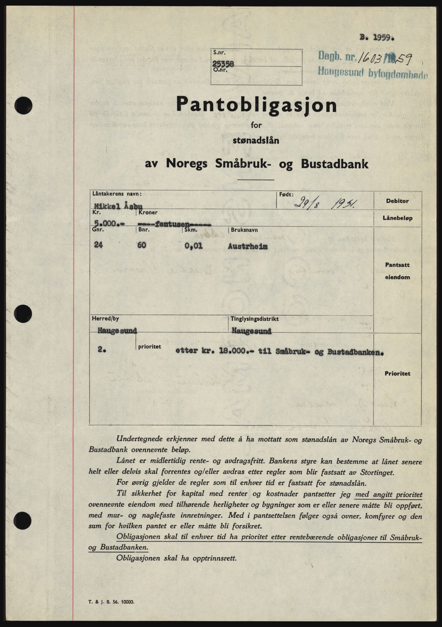 Haugesund tingrett, SAST/A-101415/01/II/IIC/L0045: Pantebok nr. B 45, 1959-1959, Dagboknr: 1603/1959