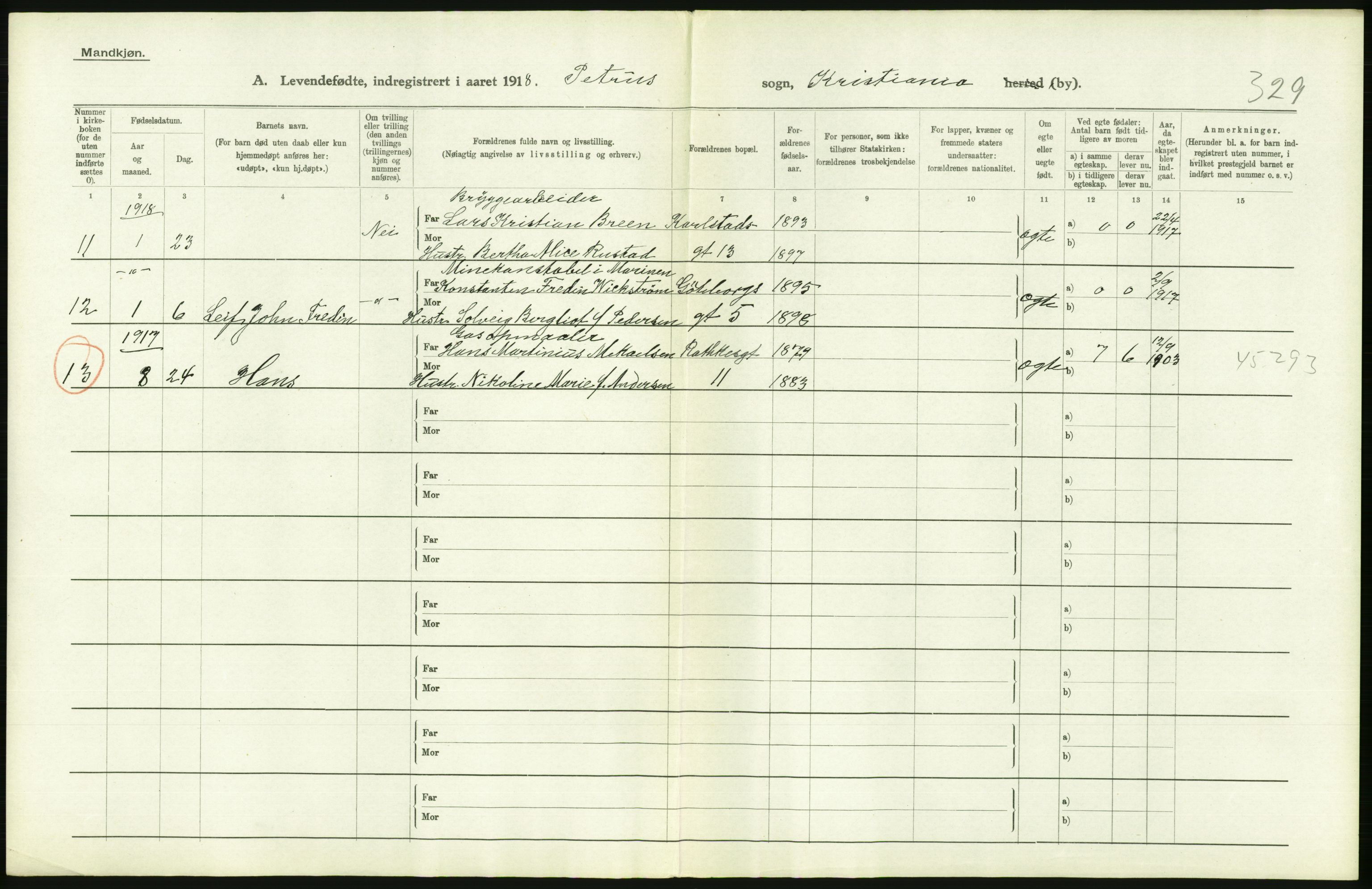 Statistisk sentralbyrå, Sosiodemografiske emner, Befolkning, RA/S-2228/D/Df/Dfb/Dfbh/L0008: Kristiania: Levendefødte menn og kvinner., 1918, s. 584