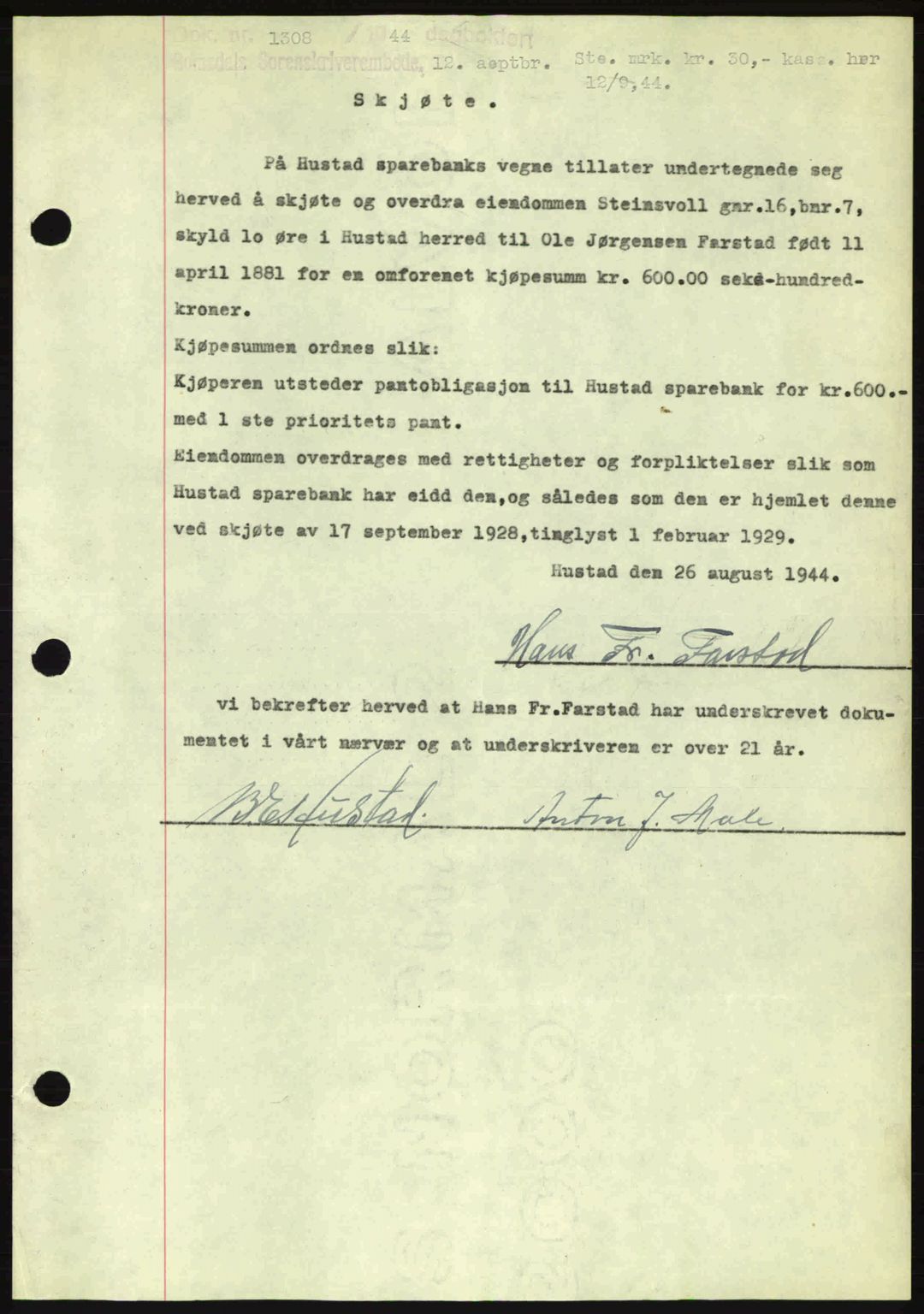 Romsdal sorenskriveri, SAT/A-4149/1/2/2C: Pantebok nr. A16, 1944-1944, Dagboknr: 1308/1944