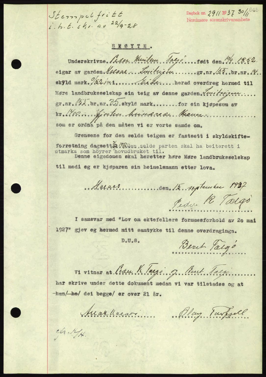 Nordmøre sorenskriveri, AV/SAT-A-4132/1/2/2Ca: Pantebok nr. A82, 1937-1938, Dagboknr: 2911/1937