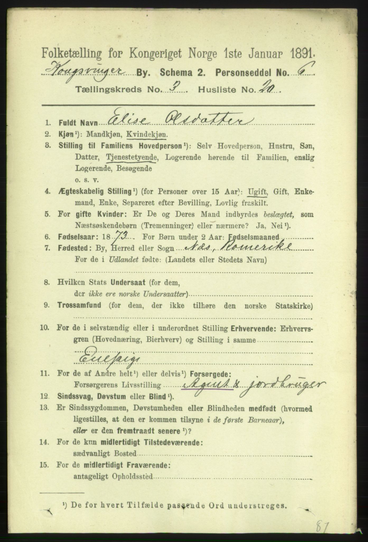 RA, Folketelling 1891 for 0402 Kongsvinger kjøpstad, 1891, s. 1345