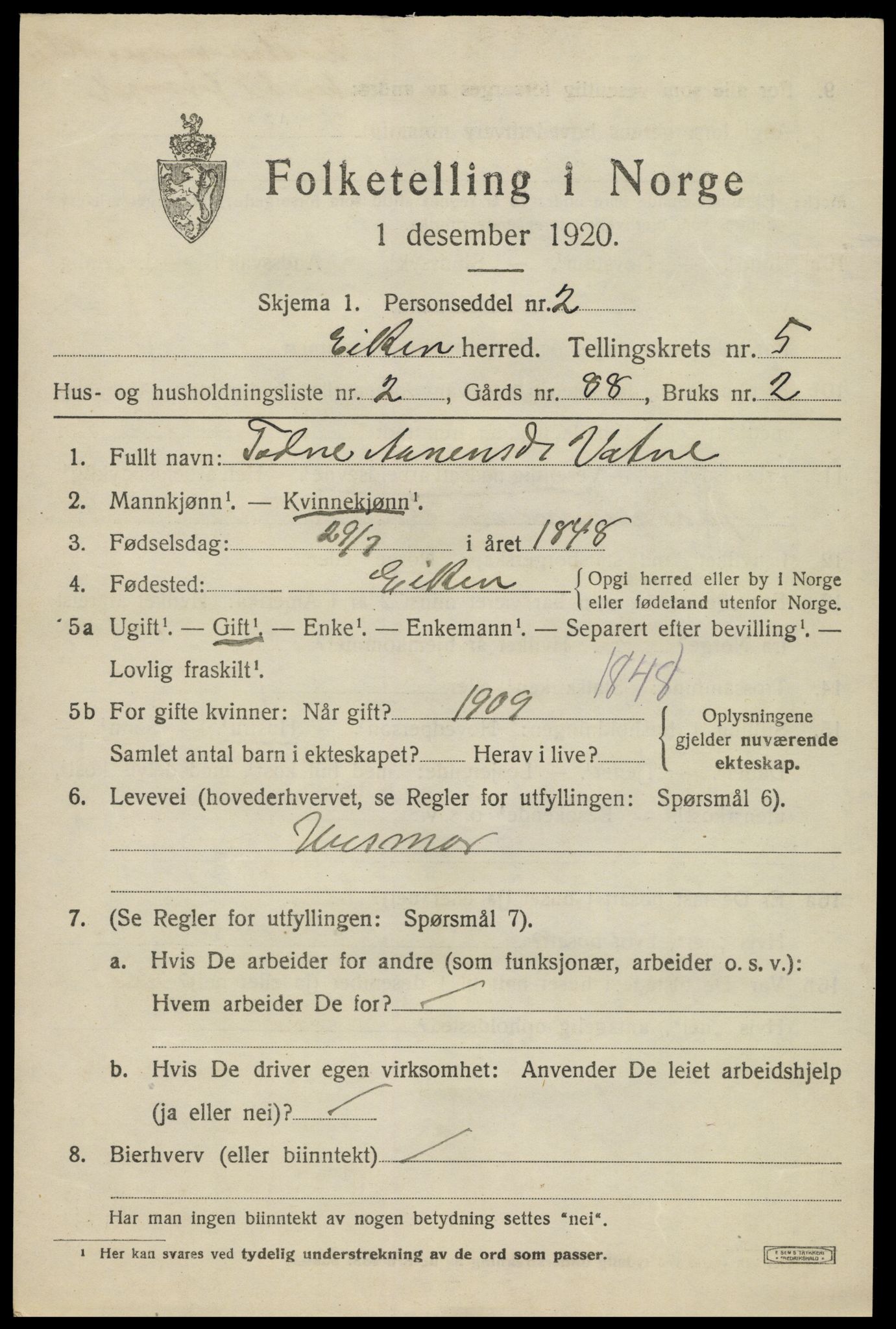 SAK, Folketelling 1920 for 1035 Eiken herred, 1920, s. 1669