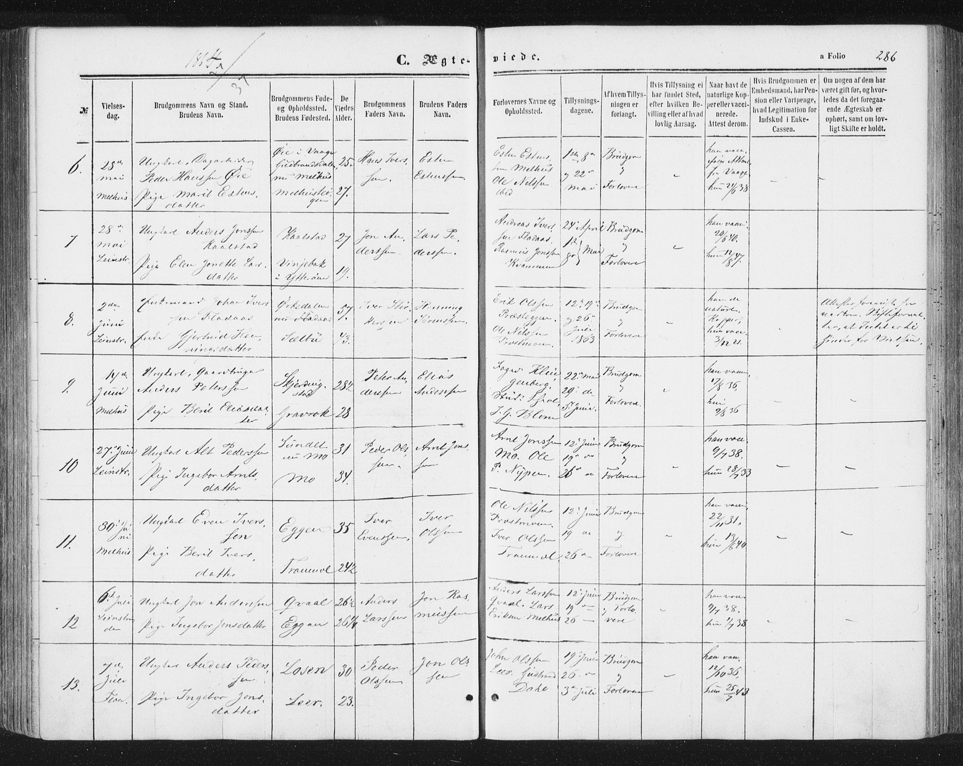 Ministerialprotokoller, klokkerbøker og fødselsregistre - Sør-Trøndelag, SAT/A-1456/691/L1077: Ministerialbok nr. 691A09, 1862-1873, s. 286