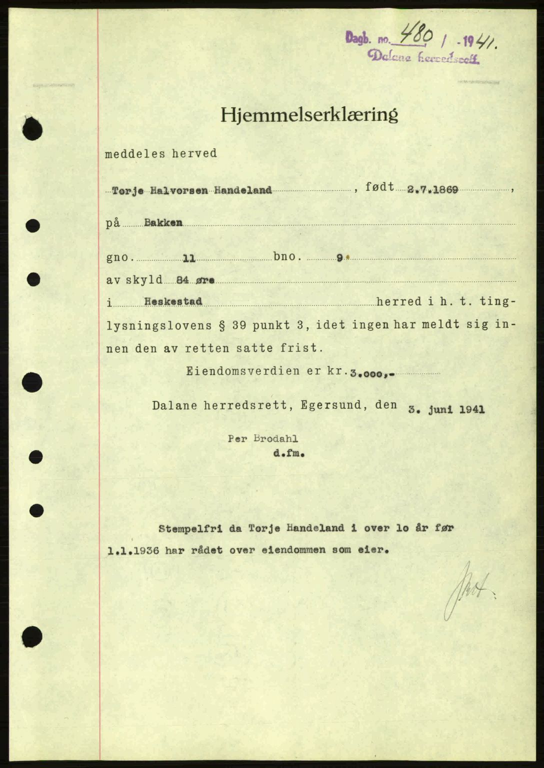 Dalane sorenskriveri, SAST/A-100309/02/G/Gb/L0045: Pantebok nr. A6, 1941-1942, Dagboknr: 480/1941