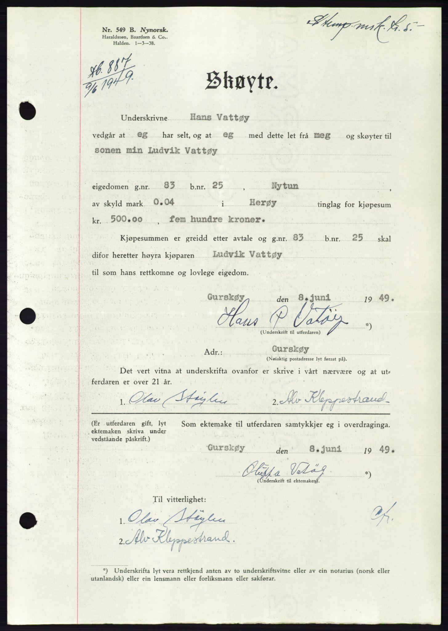 Søre Sunnmøre sorenskriveri, AV/SAT-A-4122/1/2/2C/L0084: Pantebok nr. 10A, 1949-1949, Dagboknr: 887/1949