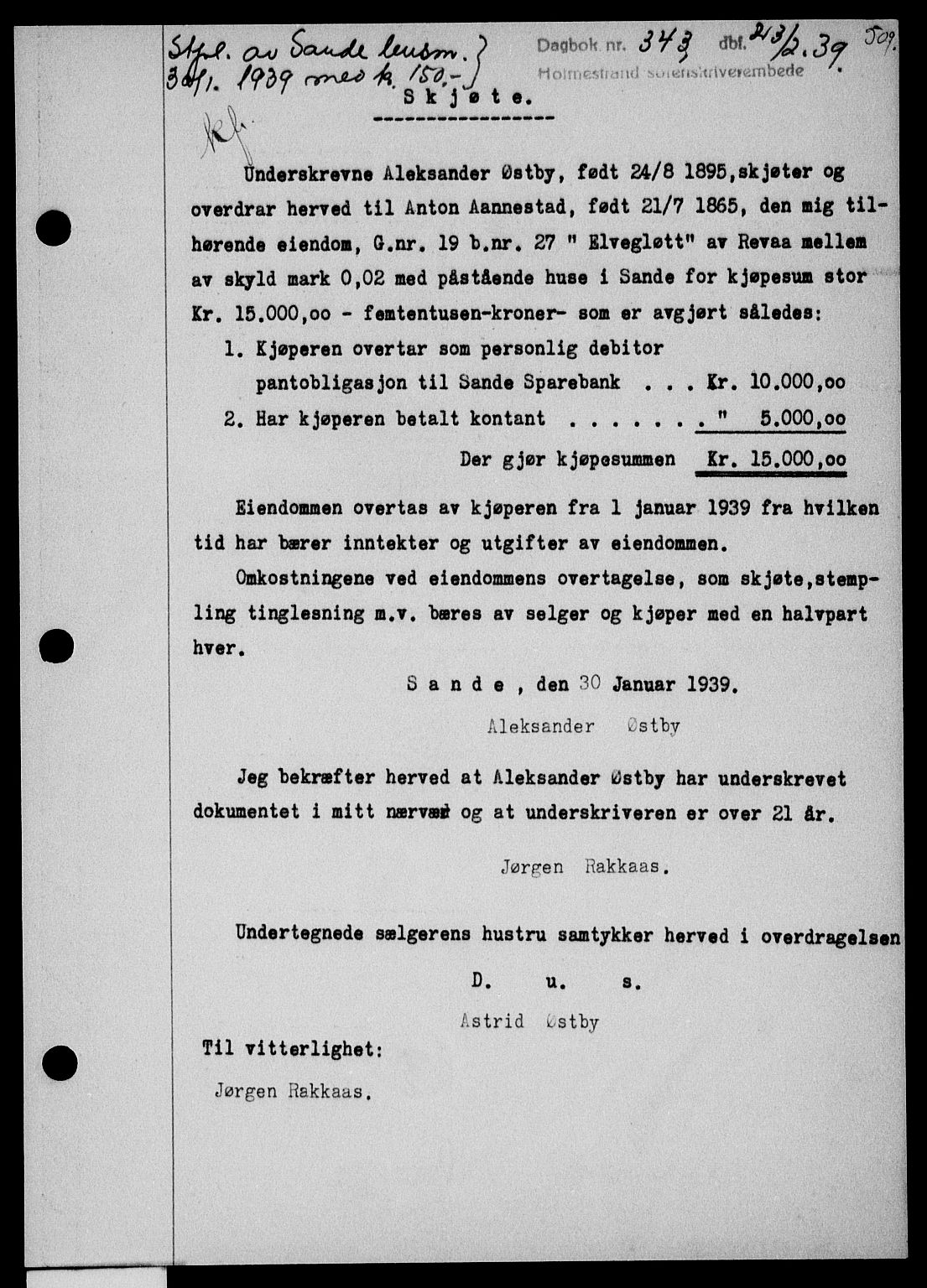 Holmestrand sorenskriveri, SAKO/A-67/G/Ga/Gaa/L0050: Pantebok nr. A-50, 1938-1939, Dagboknr: 343/1939