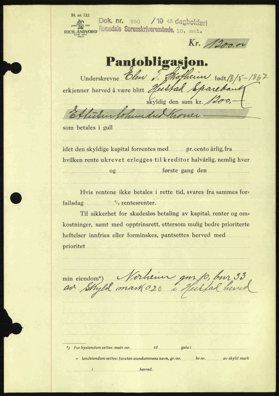 Romsdal sorenskriveri, SAT/A-4149/1/2/2C: Pantebok nr. B2, 1939-1945, Dagboknr: 850/1943