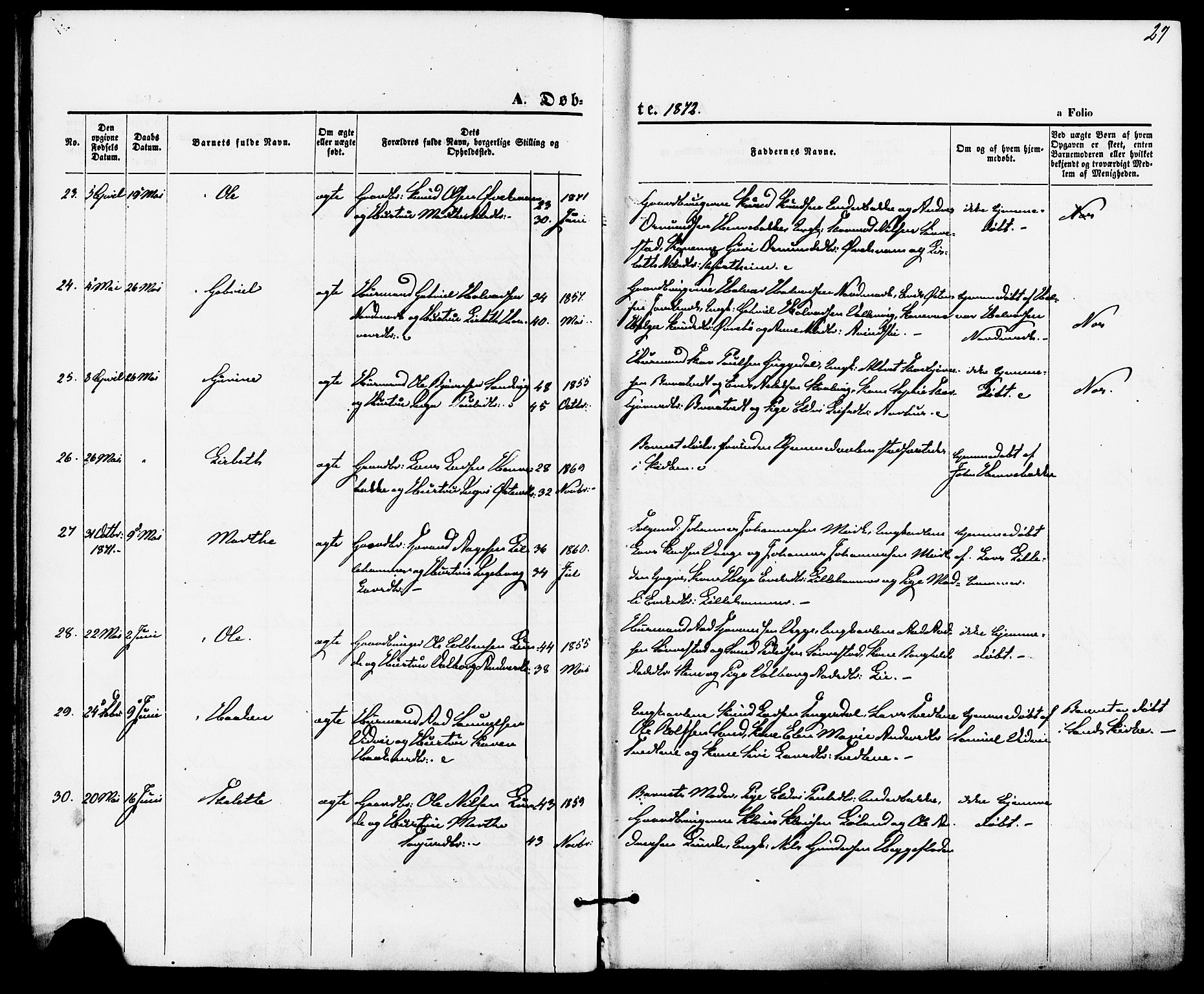 Suldal sokneprestkontor, AV/SAST-A-101845/01/IV/L0010: Ministerialbok nr. A 10, 1869-1878, s. 27