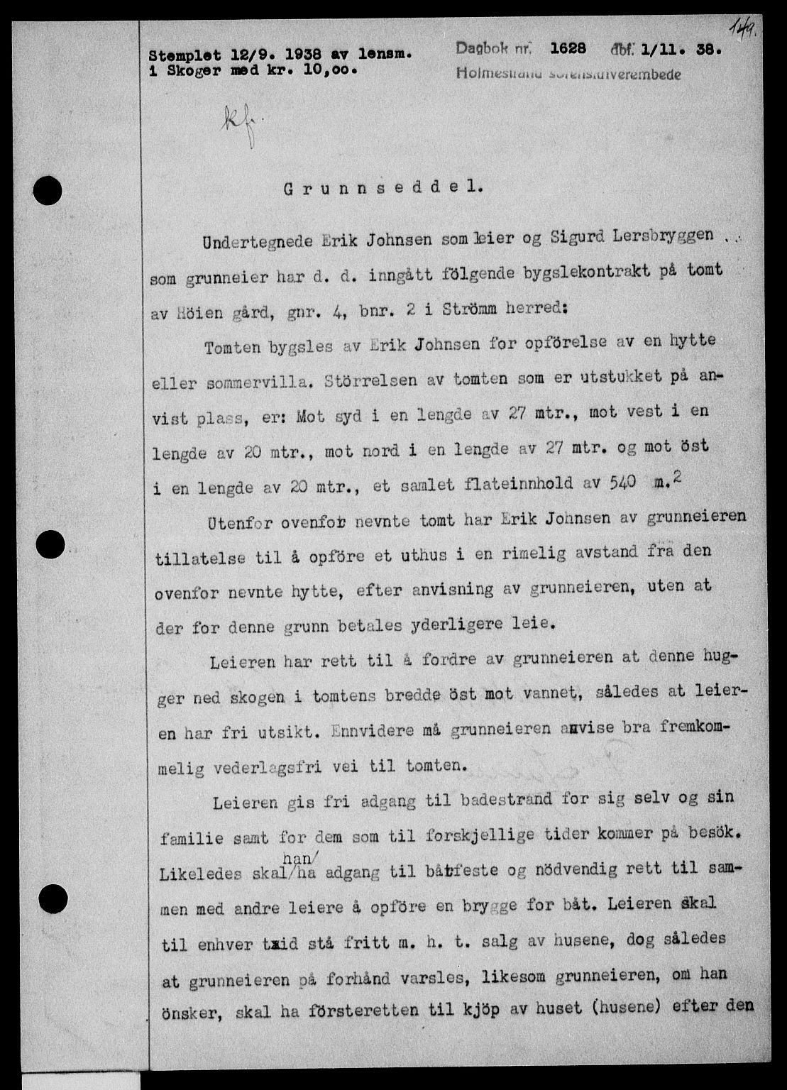 Holmestrand sorenskriveri, SAKO/A-67/G/Ga/Gaa/L0050: Pantebok nr. A-50, 1938-1939, Dagboknr: 1628/1938