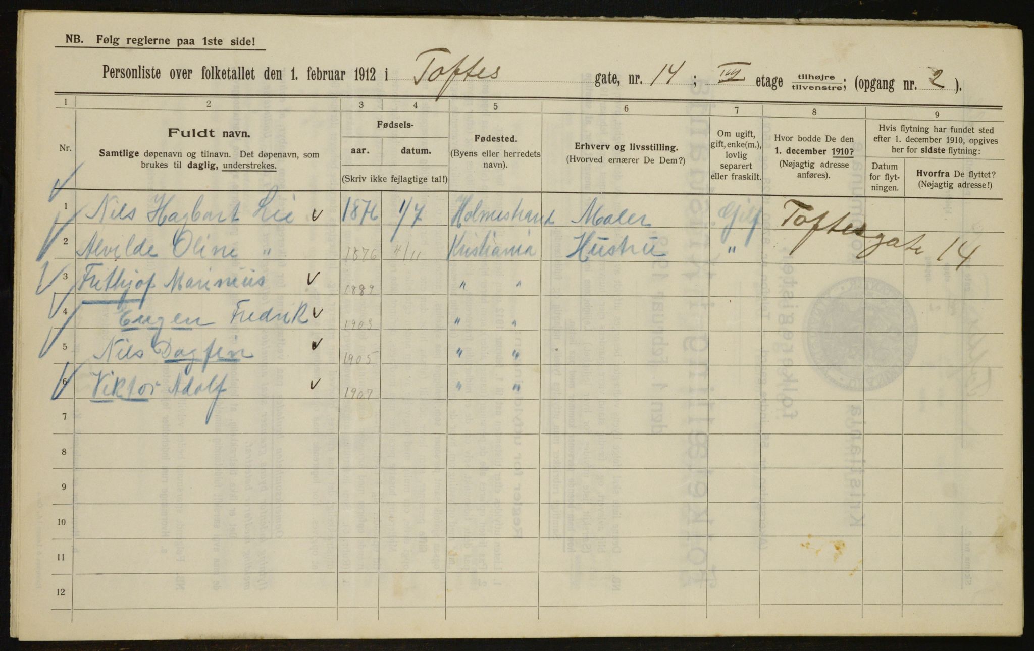 OBA, Kommunal folketelling 1.2.1912 for Kristiania, 1912, s. 111514