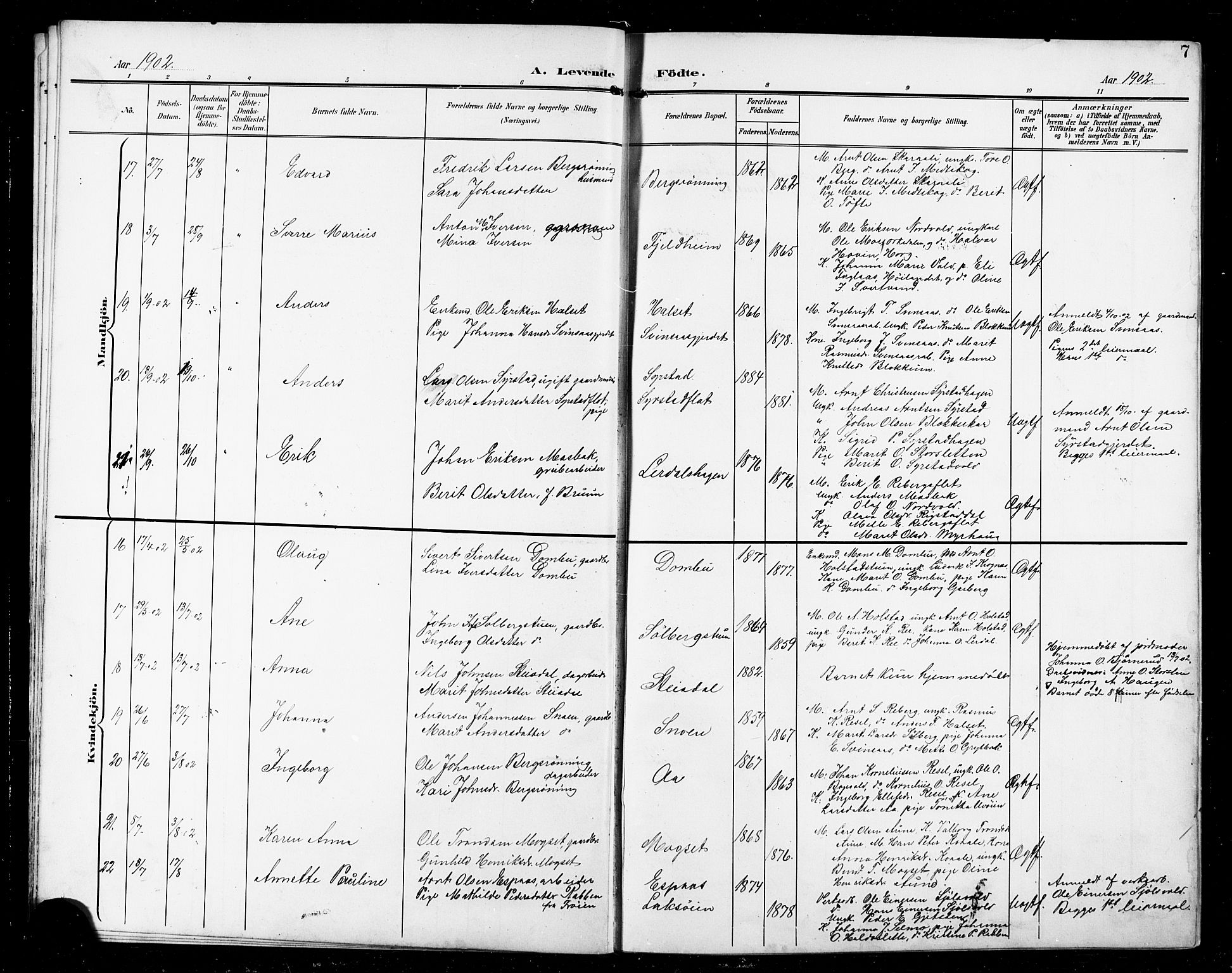 Ministerialprotokoller, klokkerbøker og fødselsregistre - Sør-Trøndelag, AV/SAT-A-1456/672/L0864: Klokkerbok nr. 672C03, 1902-1914, s. 7