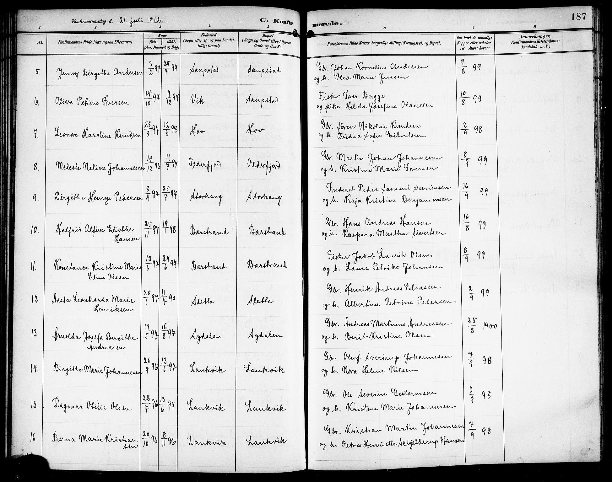 Ministerialprotokoller, klokkerbøker og fødselsregistre - Nordland, SAT/A-1459/876/L1105: Klokkerbok nr. 876C04, 1896-1914, s. 187