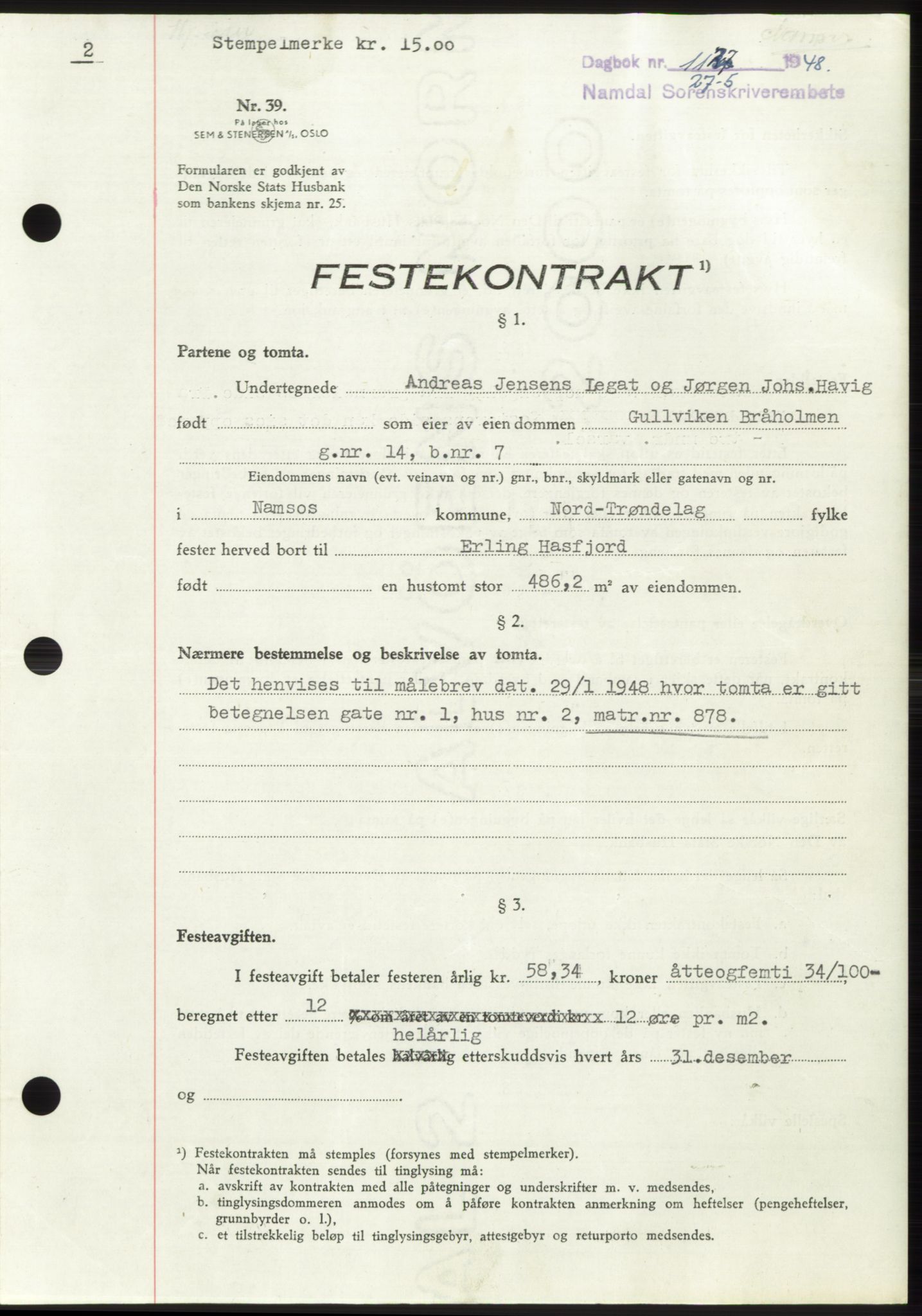 Namdal sorenskriveri, SAT/A-4133/1/2/2C: Pantebok nr. -, 1947-1948, Dagboknr: 1127/1948