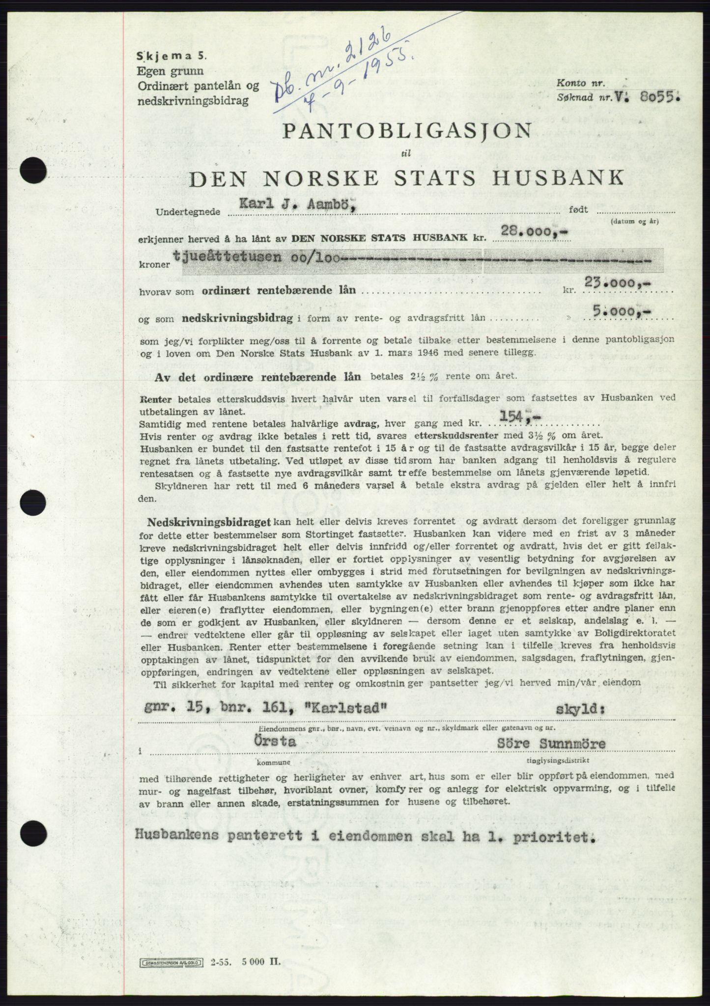Søre Sunnmøre sorenskriveri, SAT/A-4122/1/2/2C/L0127: Pantebok nr. 15B, 1955-1955, Dagboknr: 2126/1955