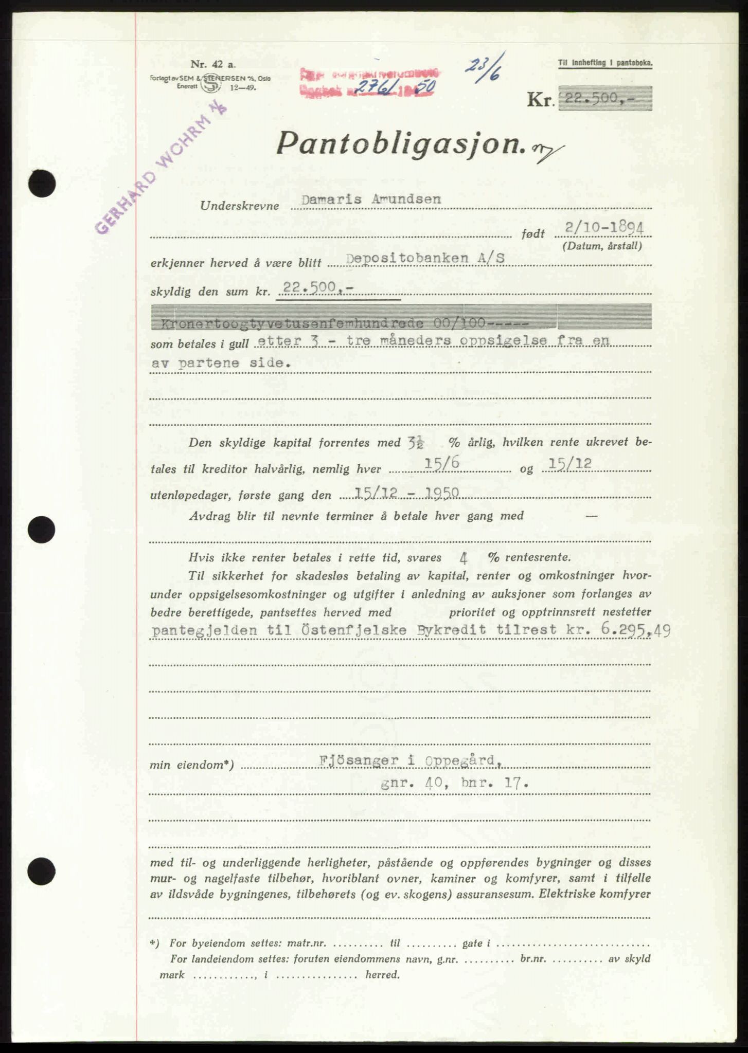 Follo sorenskriveri, SAO/A-10274/G/Ga/Gaa/L0092: Pantebok nr. I 92, 1950-1950, Dagboknr: 2761/1950