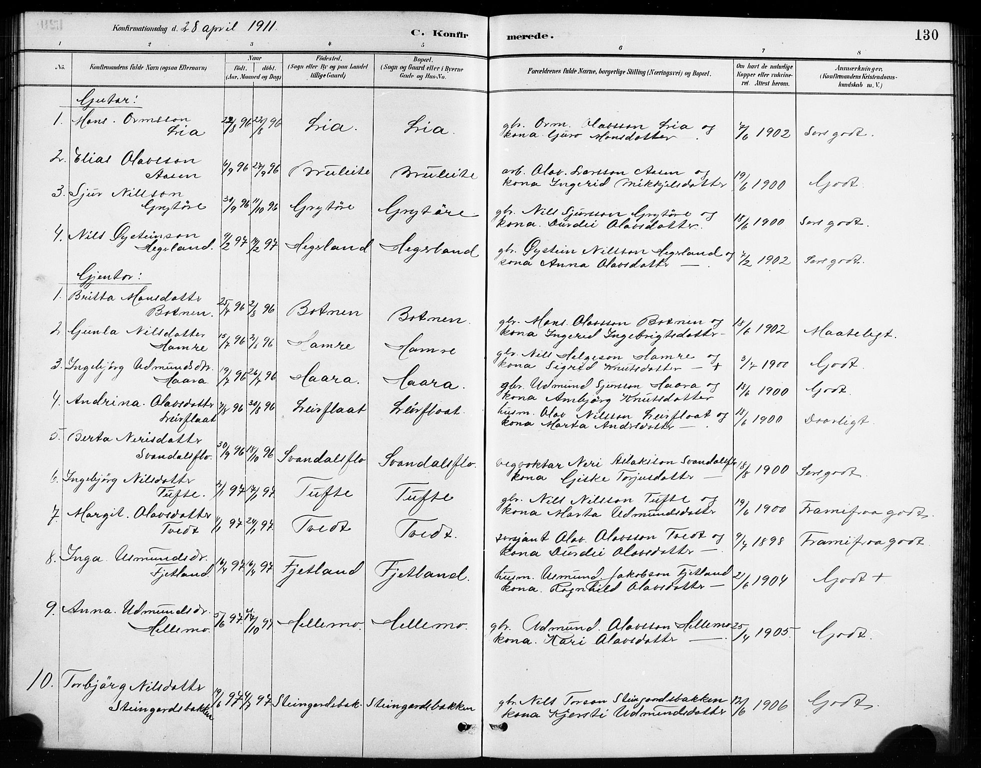 Røldal sokneprestembete, AV/SAB-A-100247: Klokkerbok nr. A 3, 1887-1917, s. 130