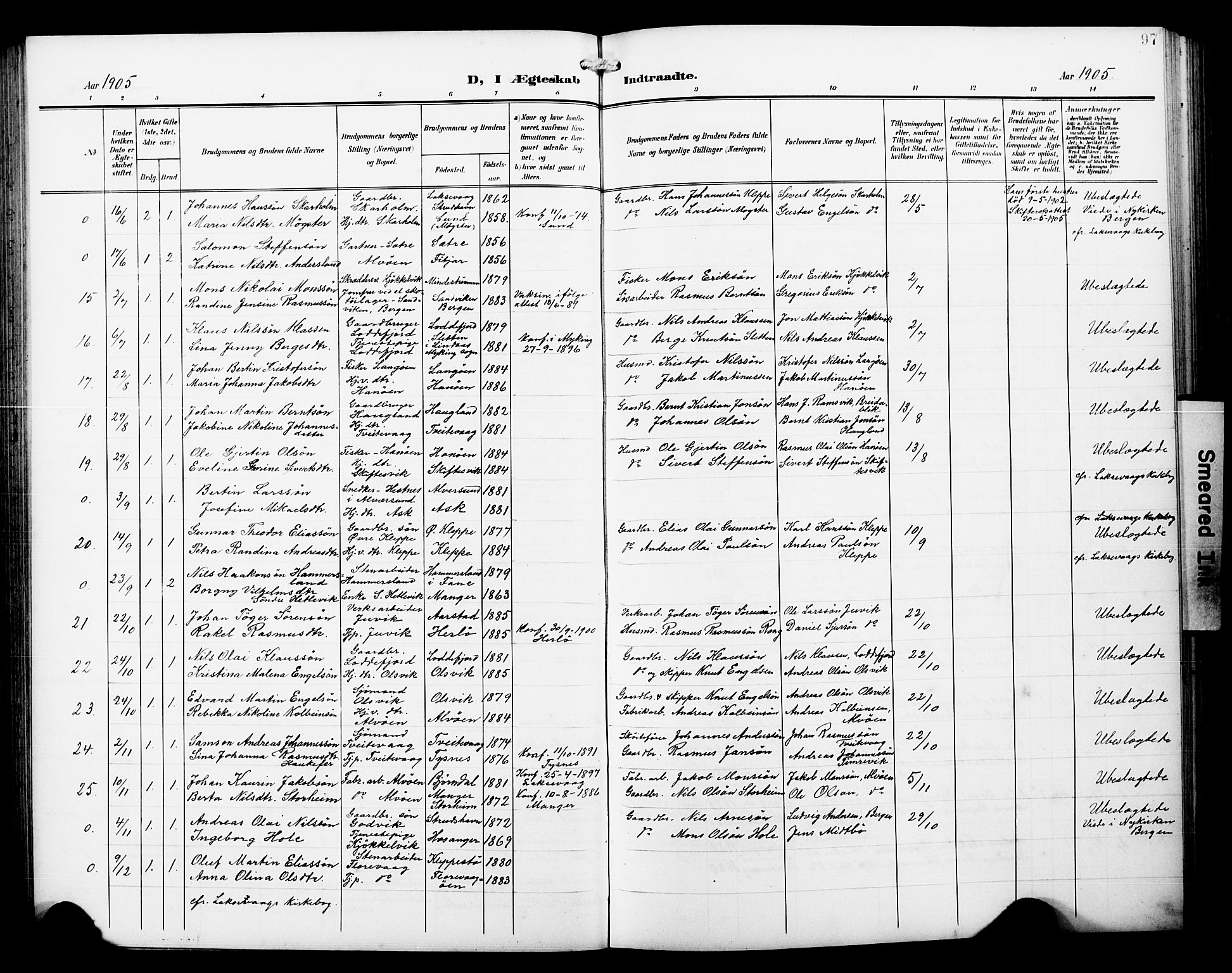 Askøy Sokneprestembete, AV/SAB-A-74101/H/Ha/Hab/Haba/L0014: Klokkerbok nr. A 14, 1904-1927, s. 97