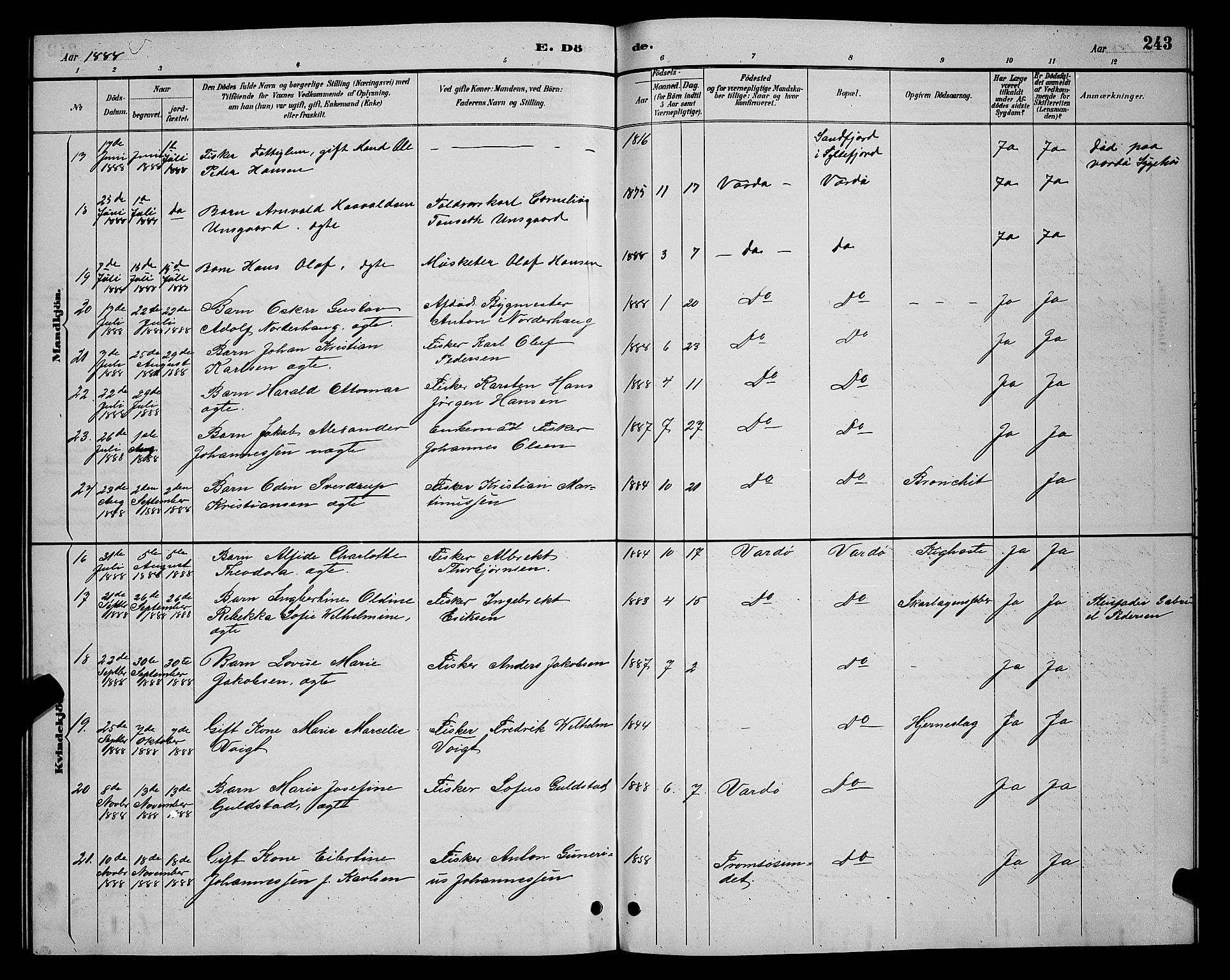 Vardø sokneprestkontor, AV/SATØ-S-1332/H/Hb/L0005klokker: Klokkerbok nr. 5, 1887-1892, s. 243