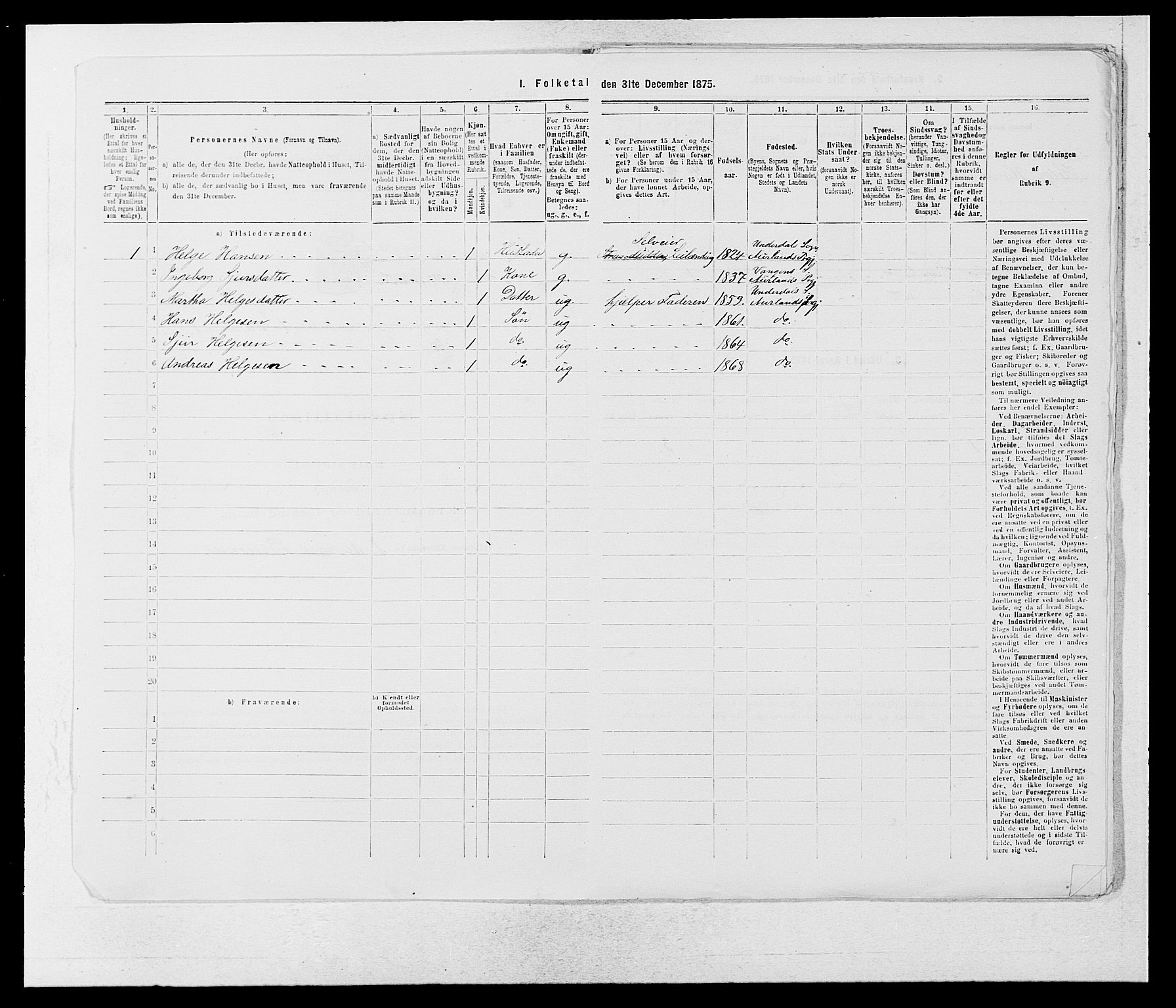 SAB, Folketelling 1875 for 1421P Aurland prestegjeld, 1875, s. 20