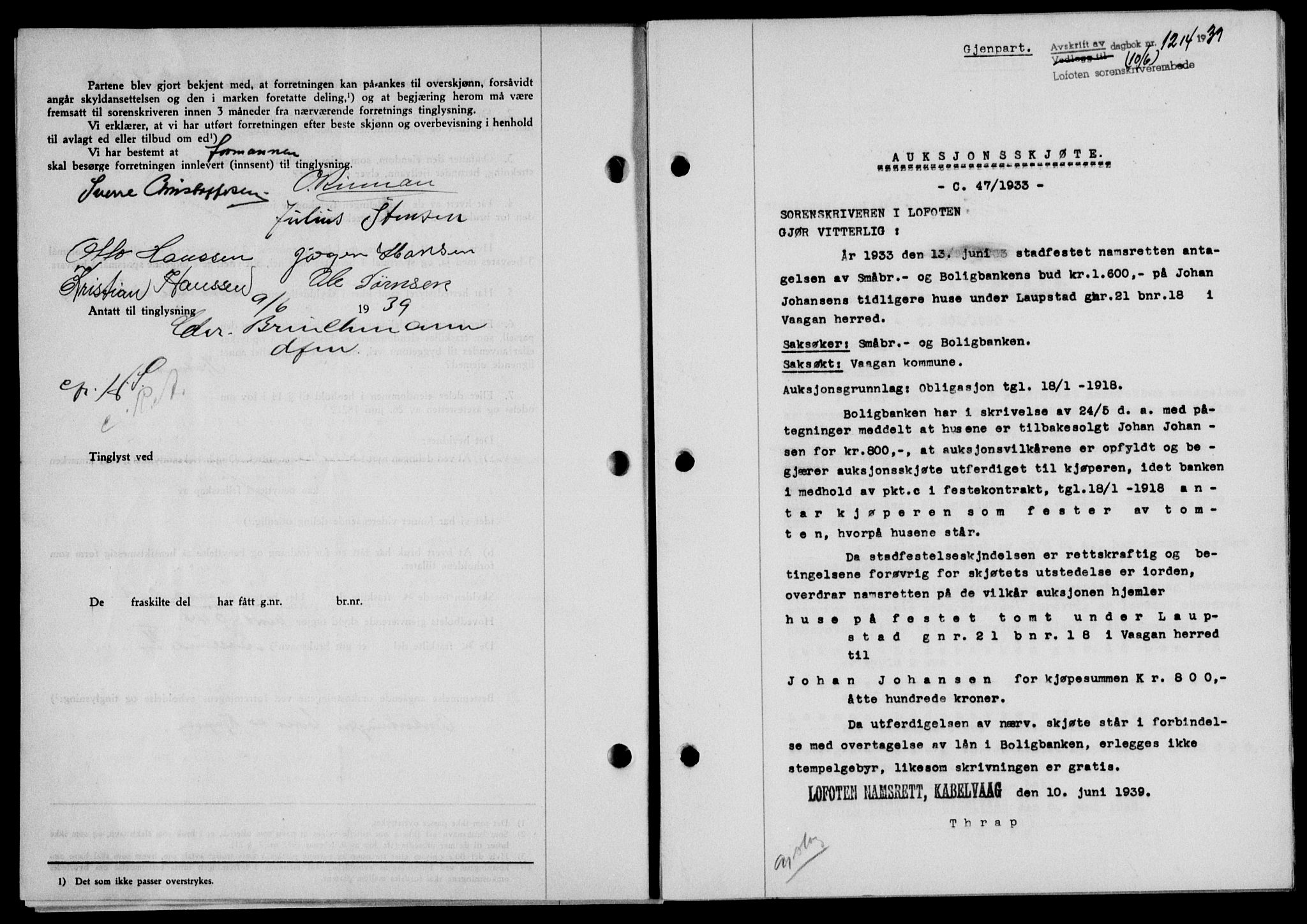 Lofoten sorenskriveri, SAT/A-0017/1/2/2C/L0005a: Pantebok nr. 5a, 1939-1939, Dagboknr: 1214/1939
