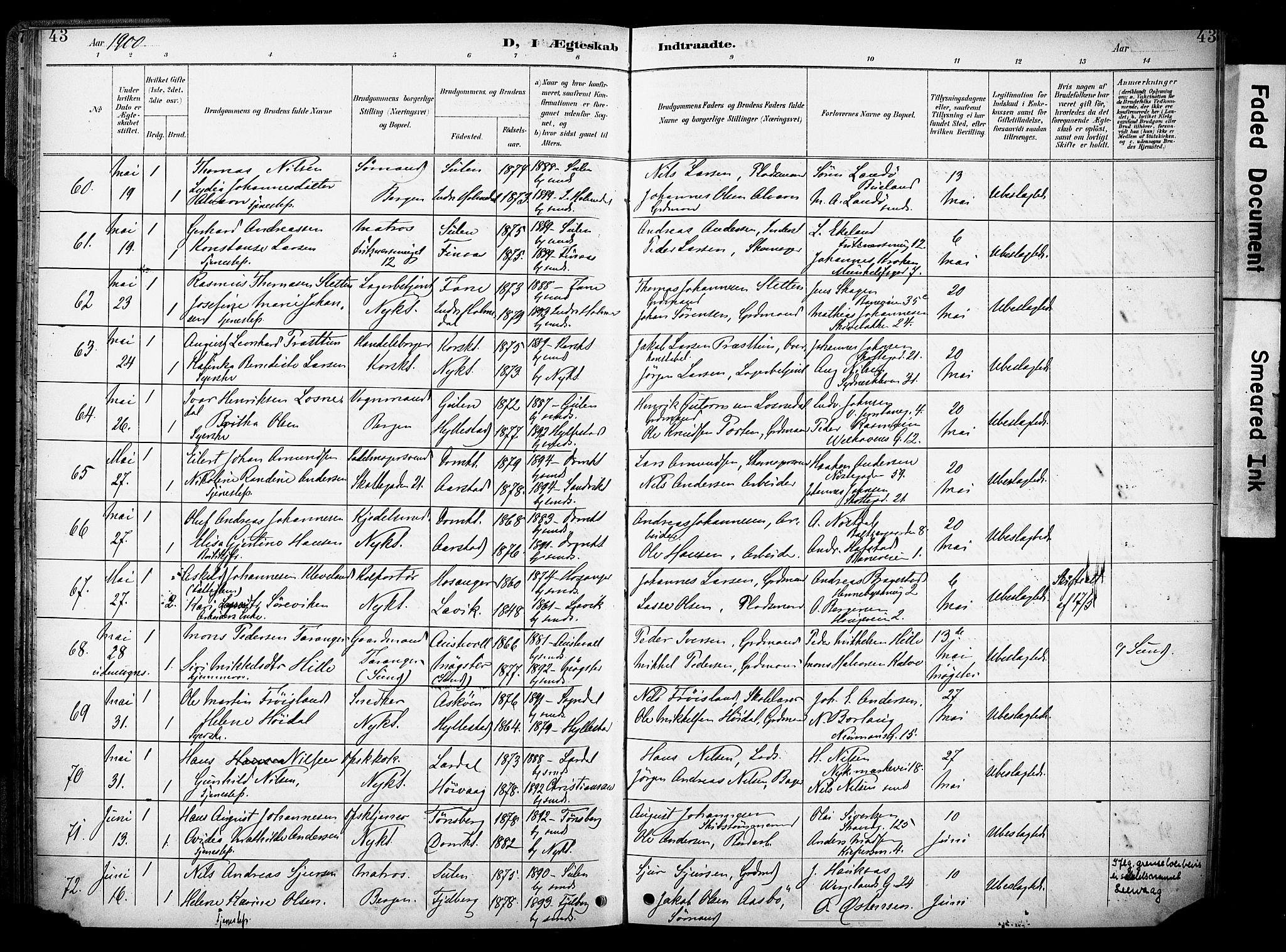 Nykirken Sokneprestembete, AV/SAB-A-77101/H/Haa/L0034: Ministerialbok nr. D 4, 1896-1905, s. 43