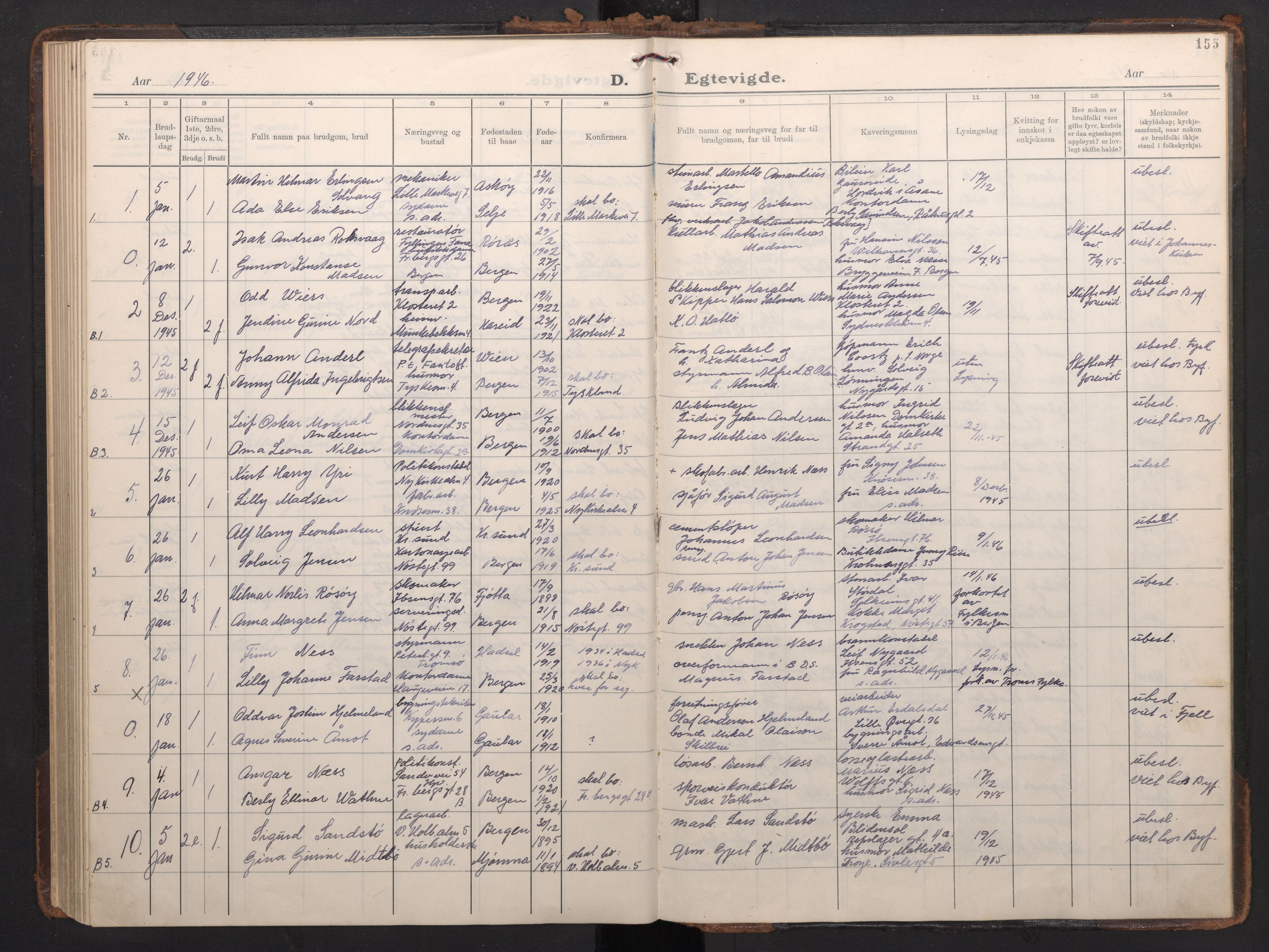 Nykirken Sokneprestembete, AV/SAB-A-77101/H/Haa/L0039: Ministerialbok nr. D 9, 1935-1946, s. 154b-155a
