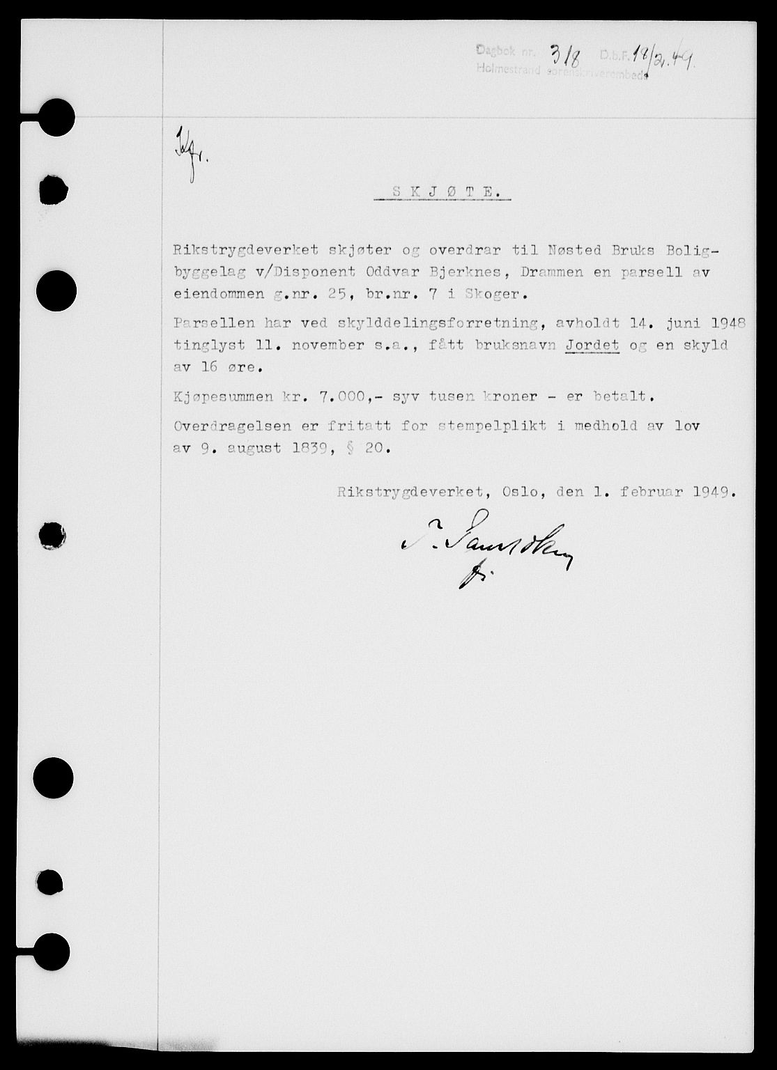 Holmestrand sorenskriveri, SAKO/A-67/G/Ga/Gaa/L0065: Pantebok nr. A-65, 1948-1949, Dagboknr: 318/1949