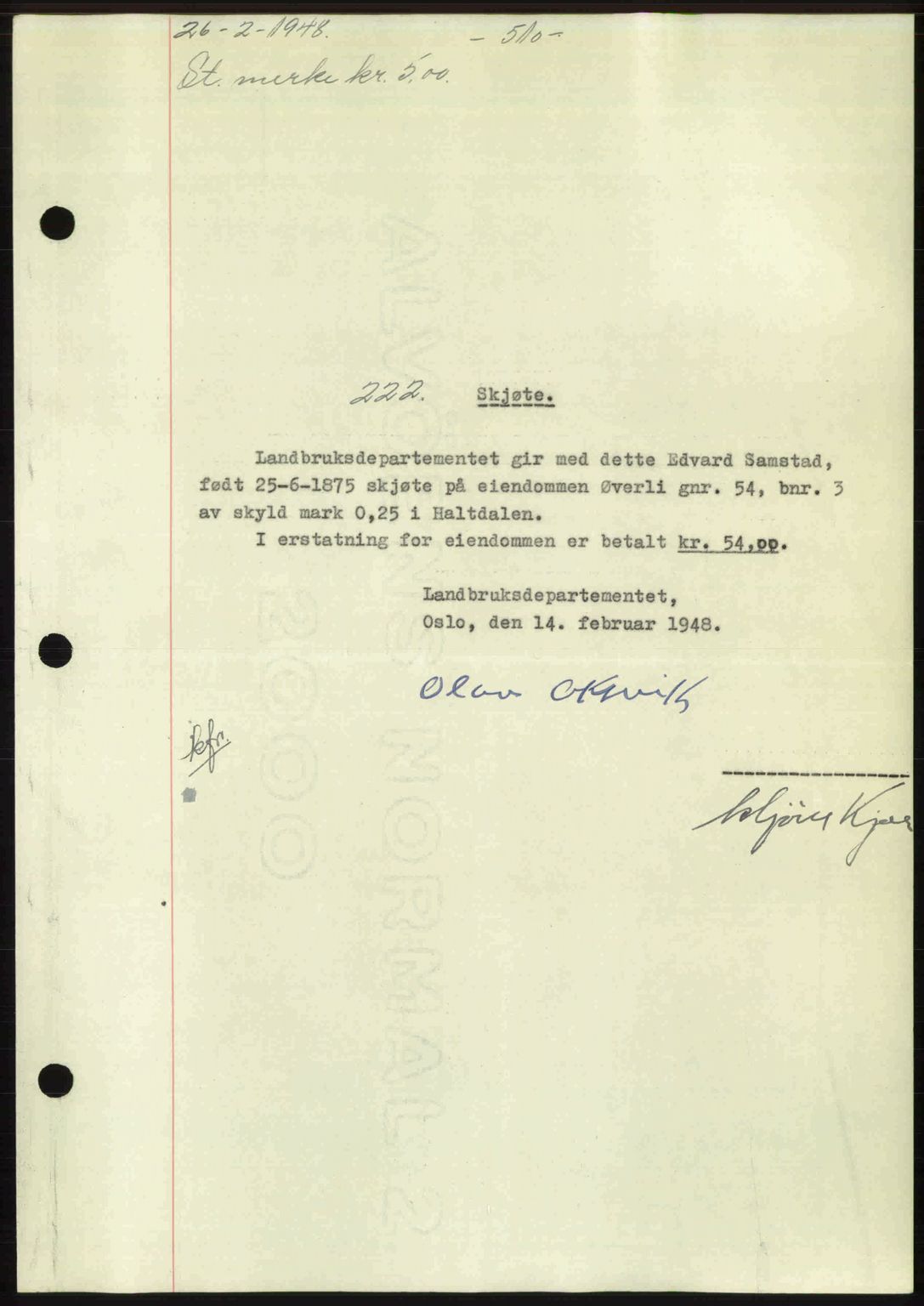 Gauldal sorenskriveri, SAT/A-0014/1/2/2C: Pantebok nr. A5, 1947-1948, Dagboknr: 222/1948