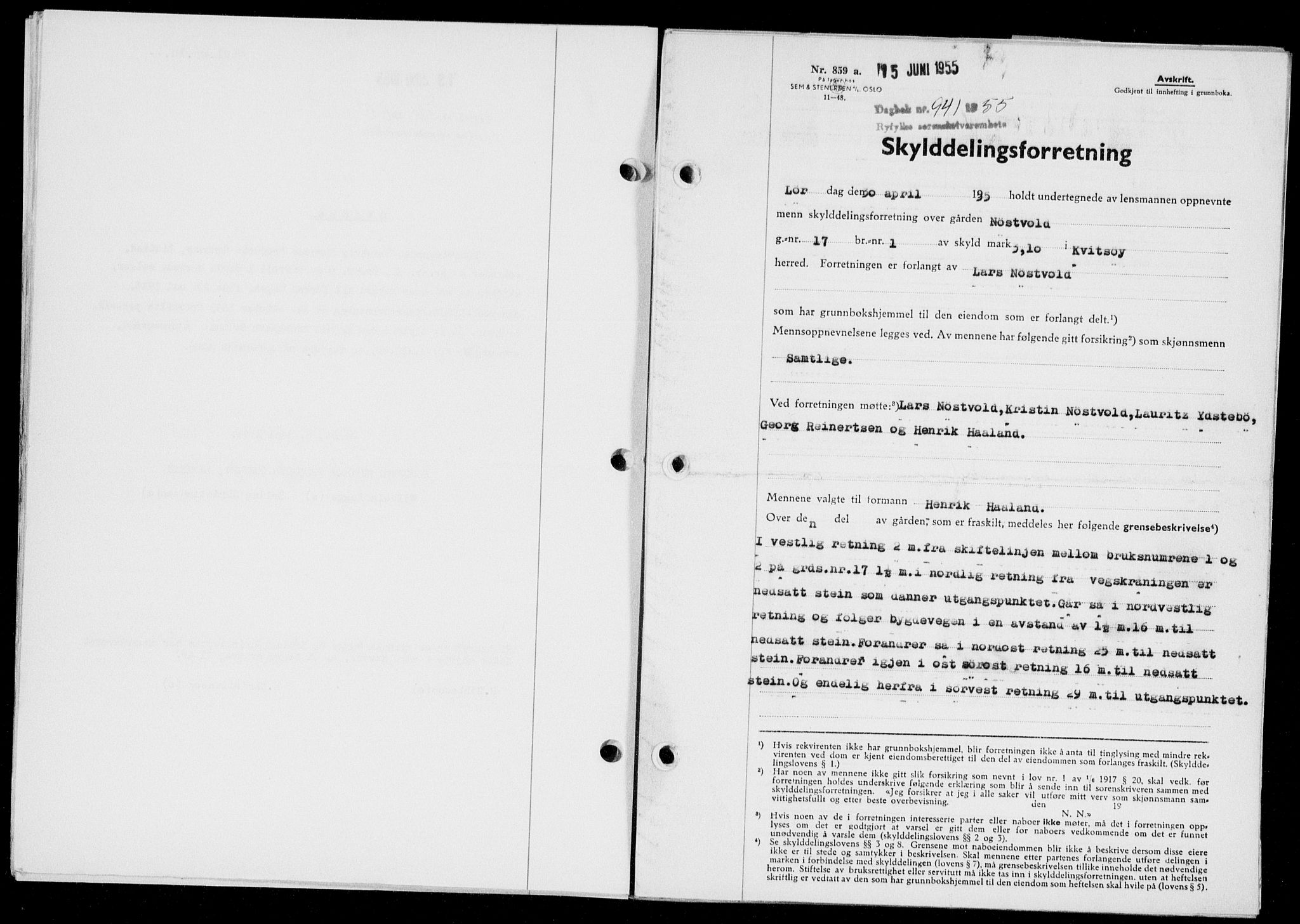 Ryfylke tingrett, SAST/A-100055/001/II/IIB/L0128: Pantebok nr. 107, 1954-1955, Dagboknr: 941/1955