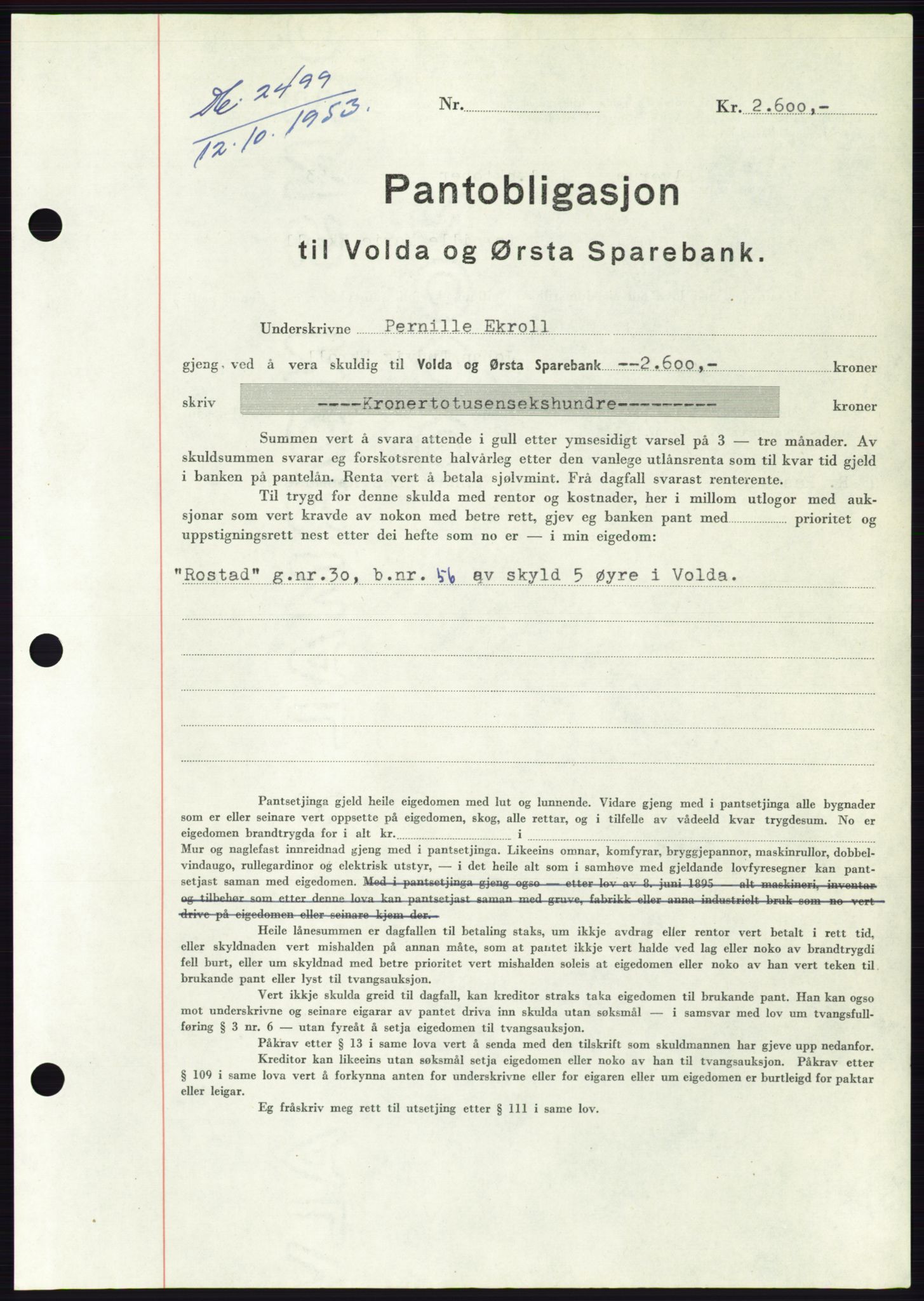 Søre Sunnmøre sorenskriveri, AV/SAT-A-4122/1/2/2C/L0124: Pantebok nr. 12B, 1953-1954, Dagboknr: 2499/1953