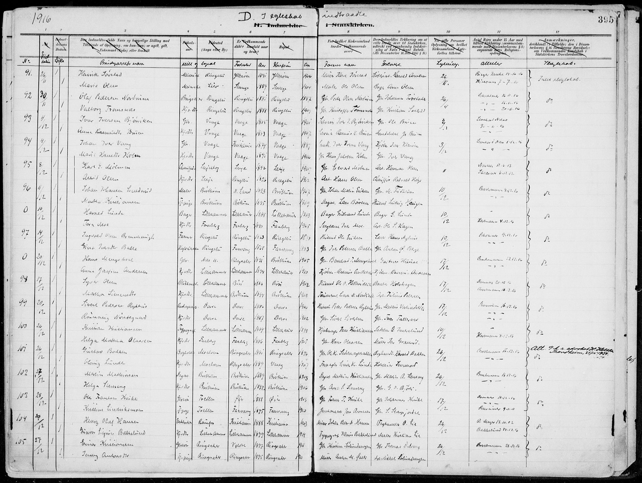 Lillehammer prestekontor, AV/SAH-PREST-088/H/Ha/Haa/L0001: Ministerialbok nr. 1, 1901-1916, s. 395