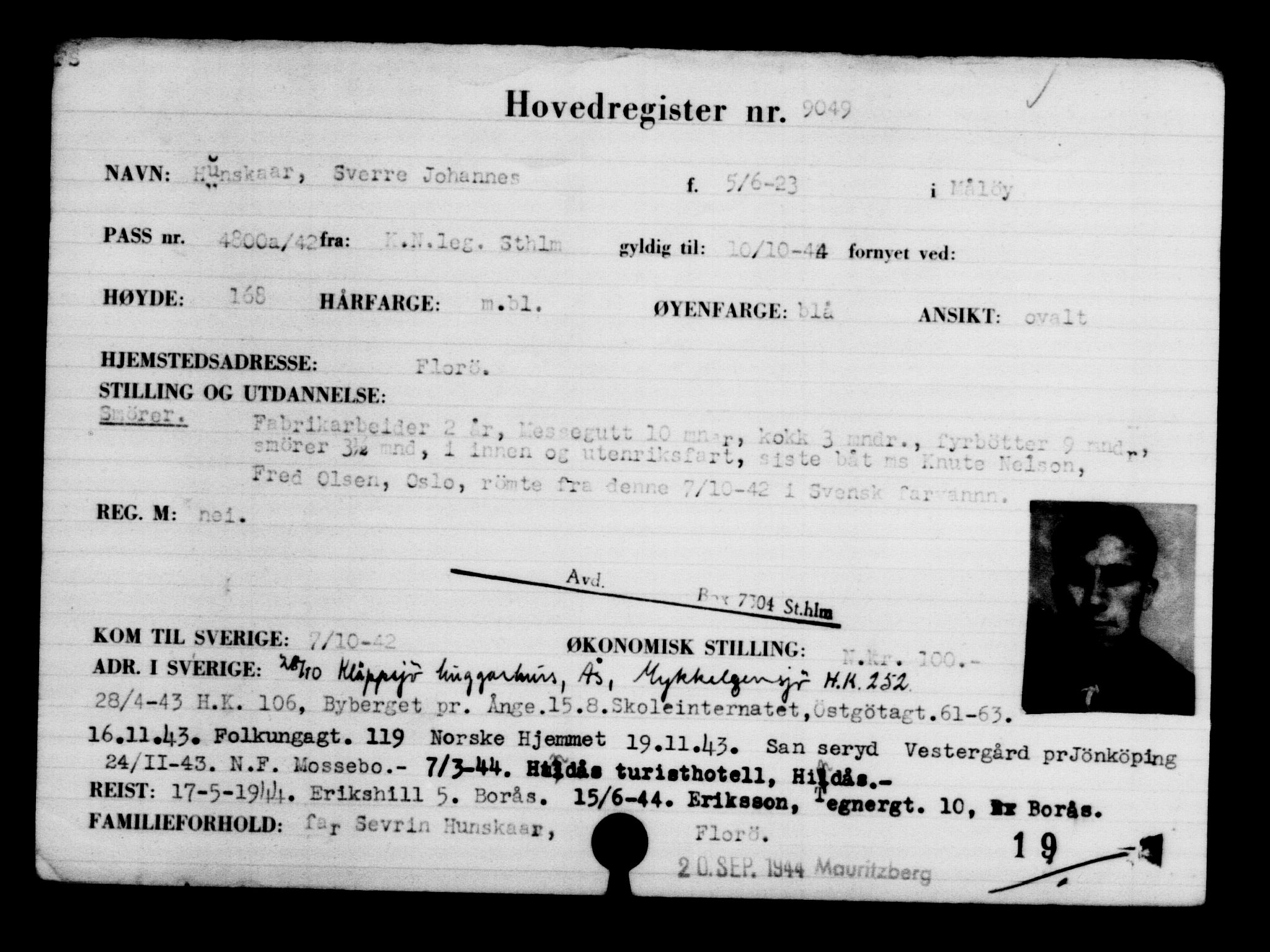 Utenriksstasjonene, Legasjonen i Stockholm, Flyktningkontoret, AV/RA-S-6753/V/Va/L0005: Kjesäterkartoteket, flyktninger med registreringsnr. 6600-9417, 1940-1945, s. 2881