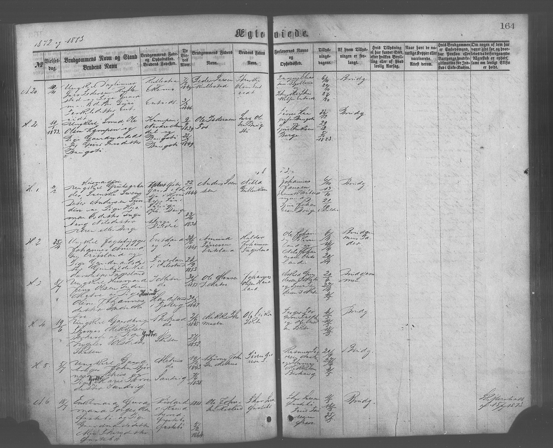 Skånevik sokneprestembete, AV/SAB-A-77801/H/Haa: Ministerialbok nr. A 6, 1869-1878, s. 164