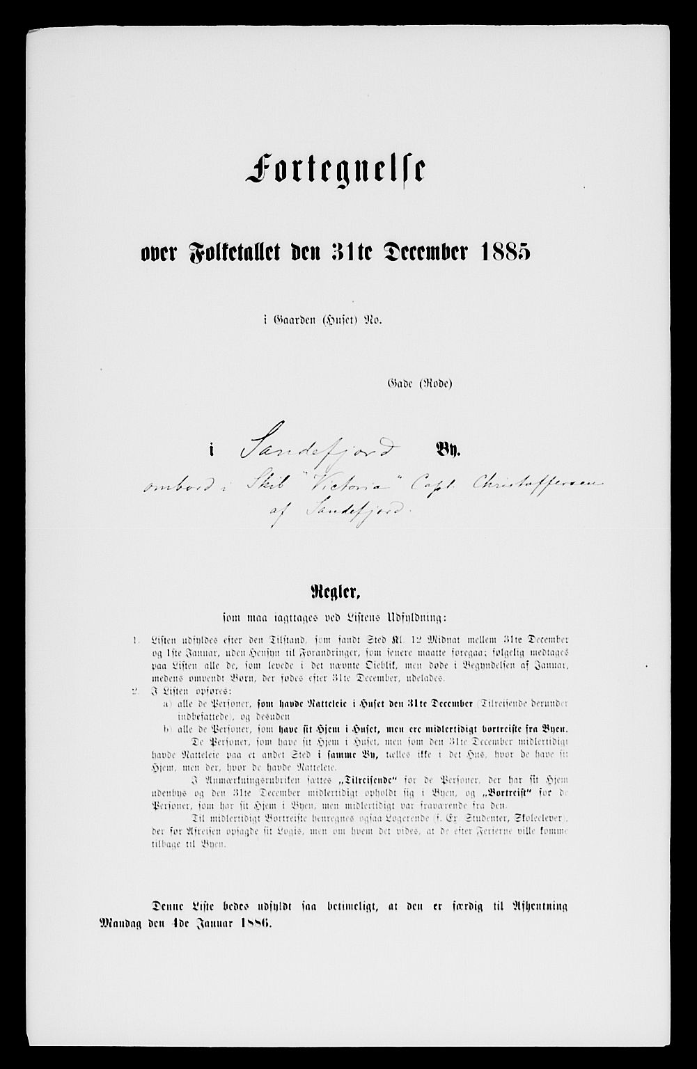 SAKO, Folketelling 1885 for 0706 Sandefjord kjøpstad, 1885